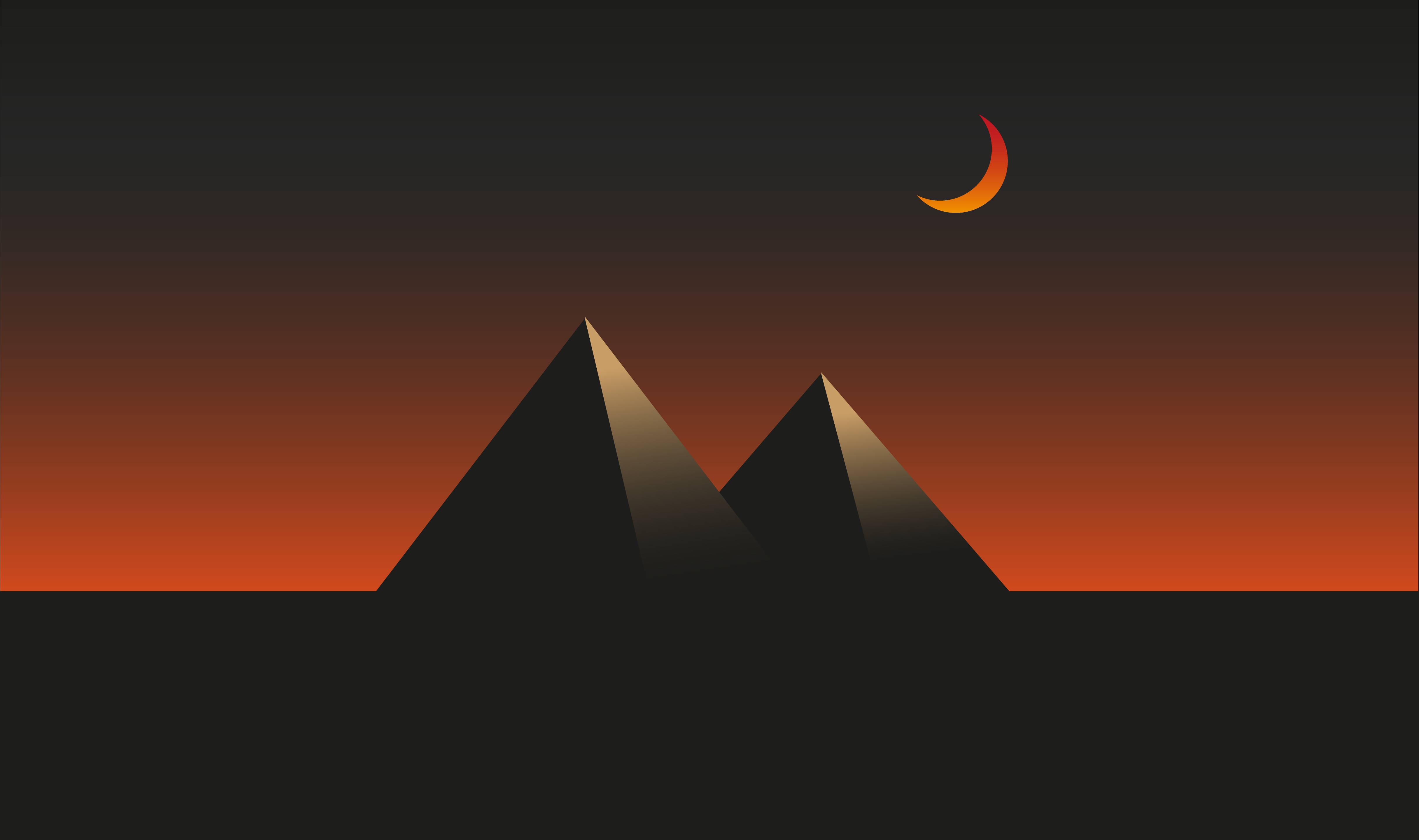 Black Pyramid, gradient sunset sky, glowing crescent moon, 4K Desktop Wallpaper