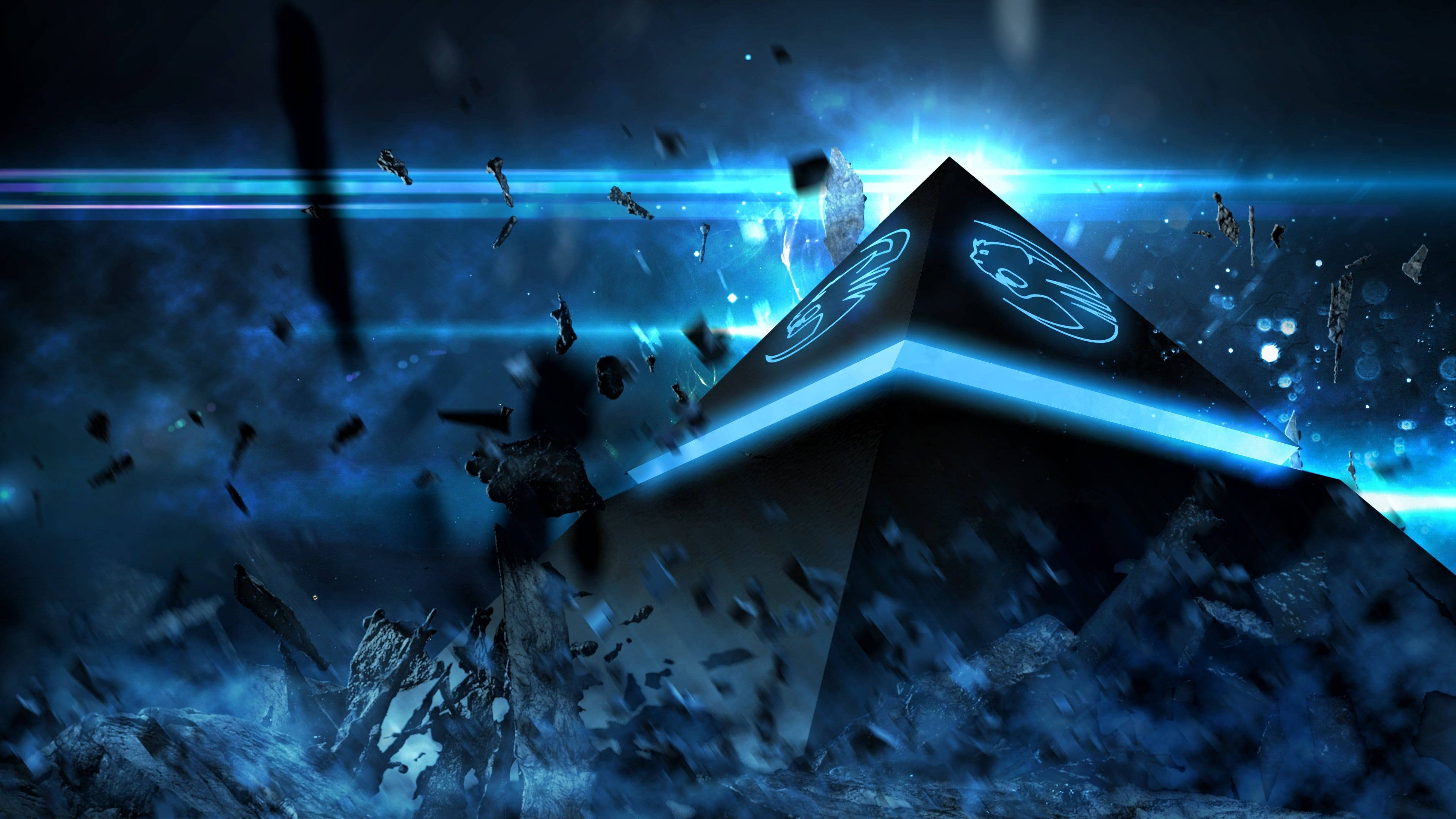 Black Pyramid, blue logo, glowing blue pyramid, 4K Desktop Wallpaper