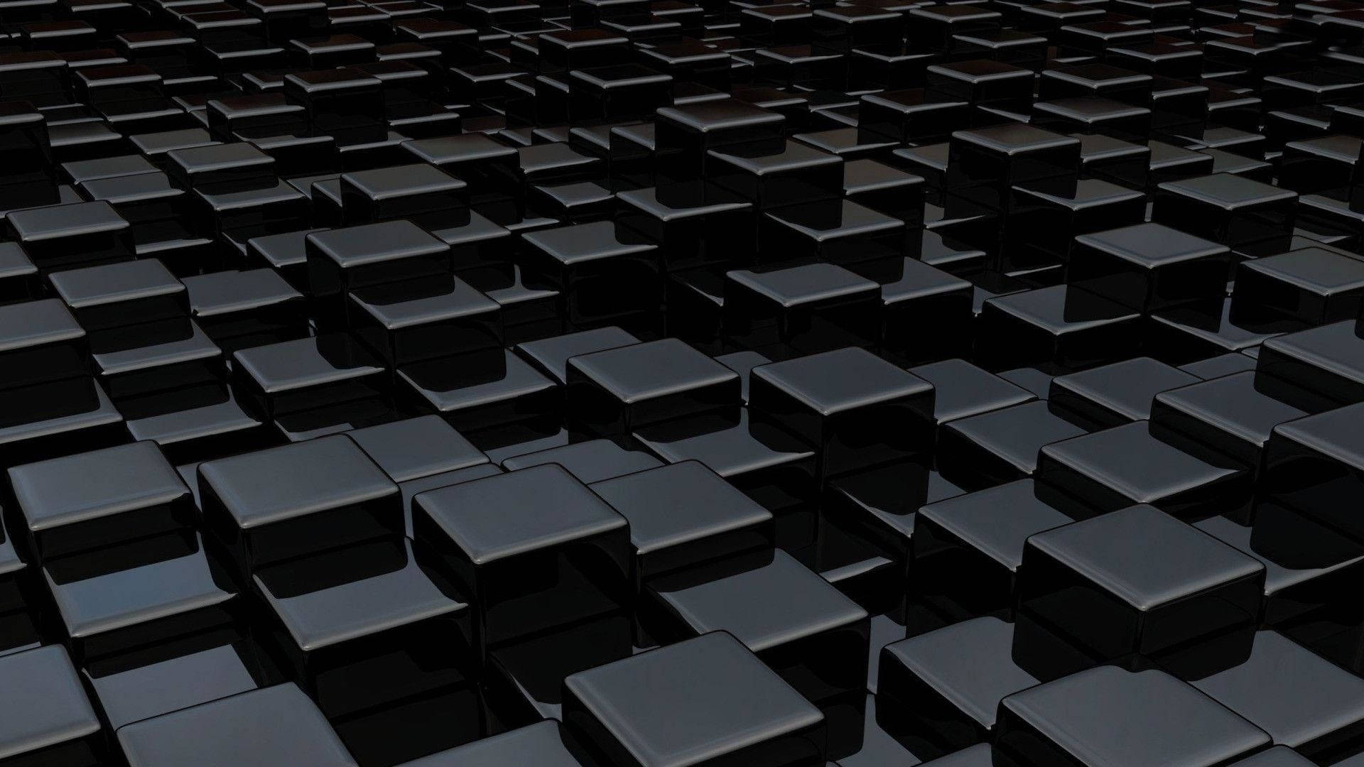 Layered Square Black 3D, glossy black cubes, repeating pattern, Full HD Desktop Wallpaper