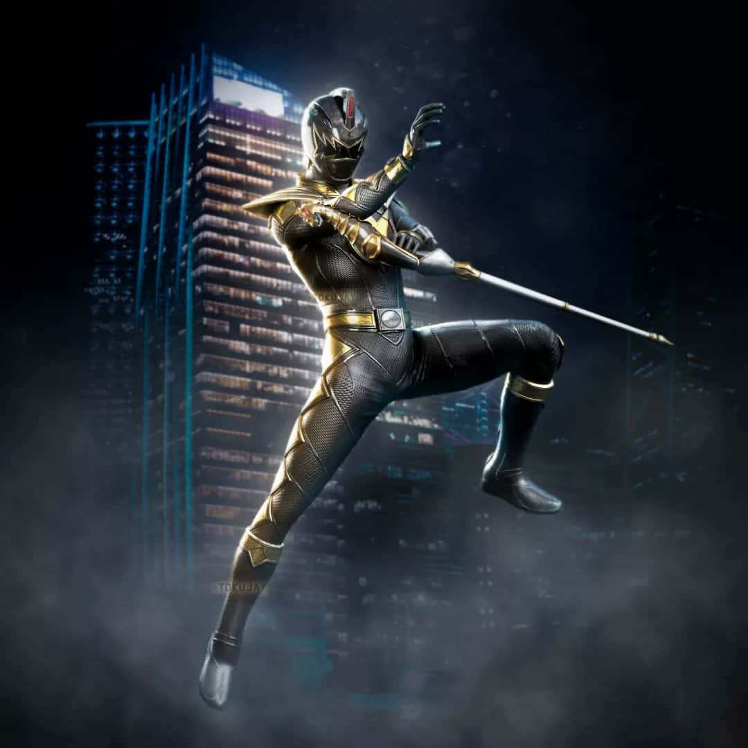 Black Ranger, golden and black armored warrior, dark futuristic cityscape, SD Desktop Wallpaper