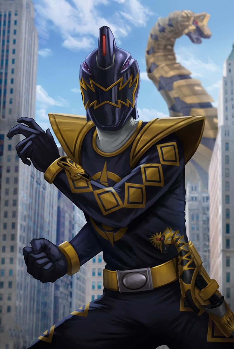 Black Ranger, dark blue and gold armored warrior, giant golden dragon, SD Phone Wallpaper