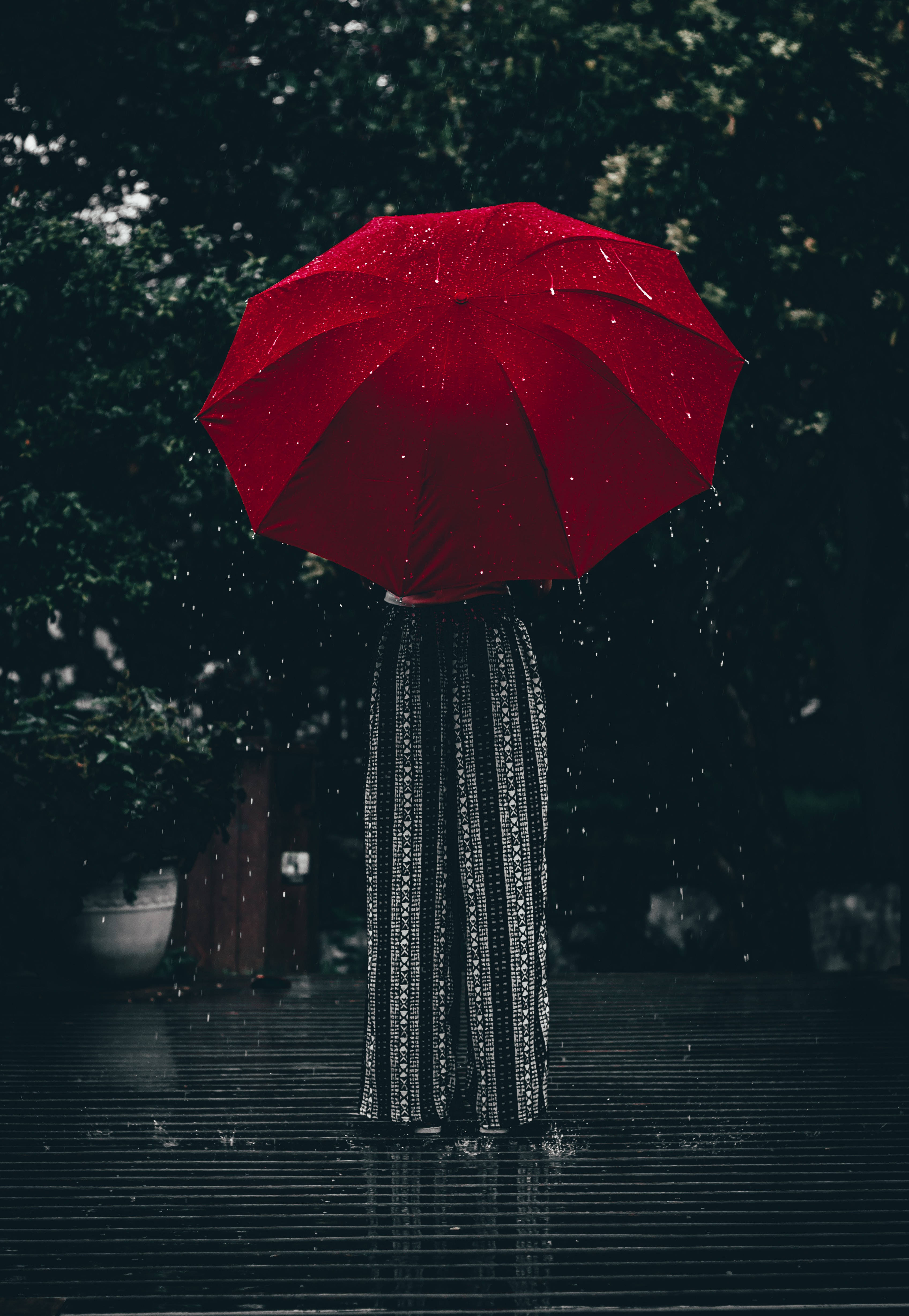 Black Red 4K, umbrella girl, vibrant red umbrella, 4K Phone Wallpaper