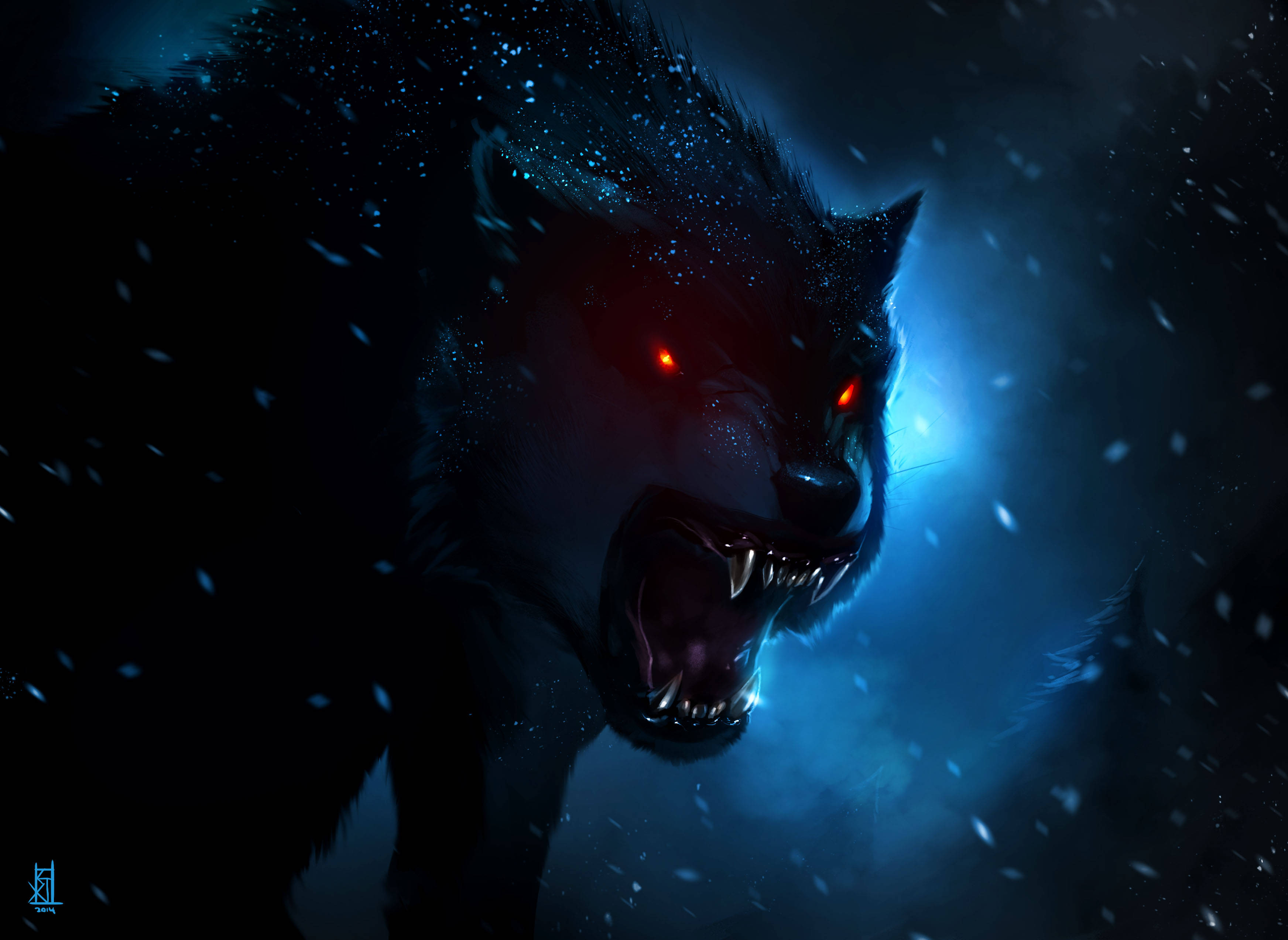 Black Red 4K, wolf, glowing red eyes, 2K Desktop Wallpaper