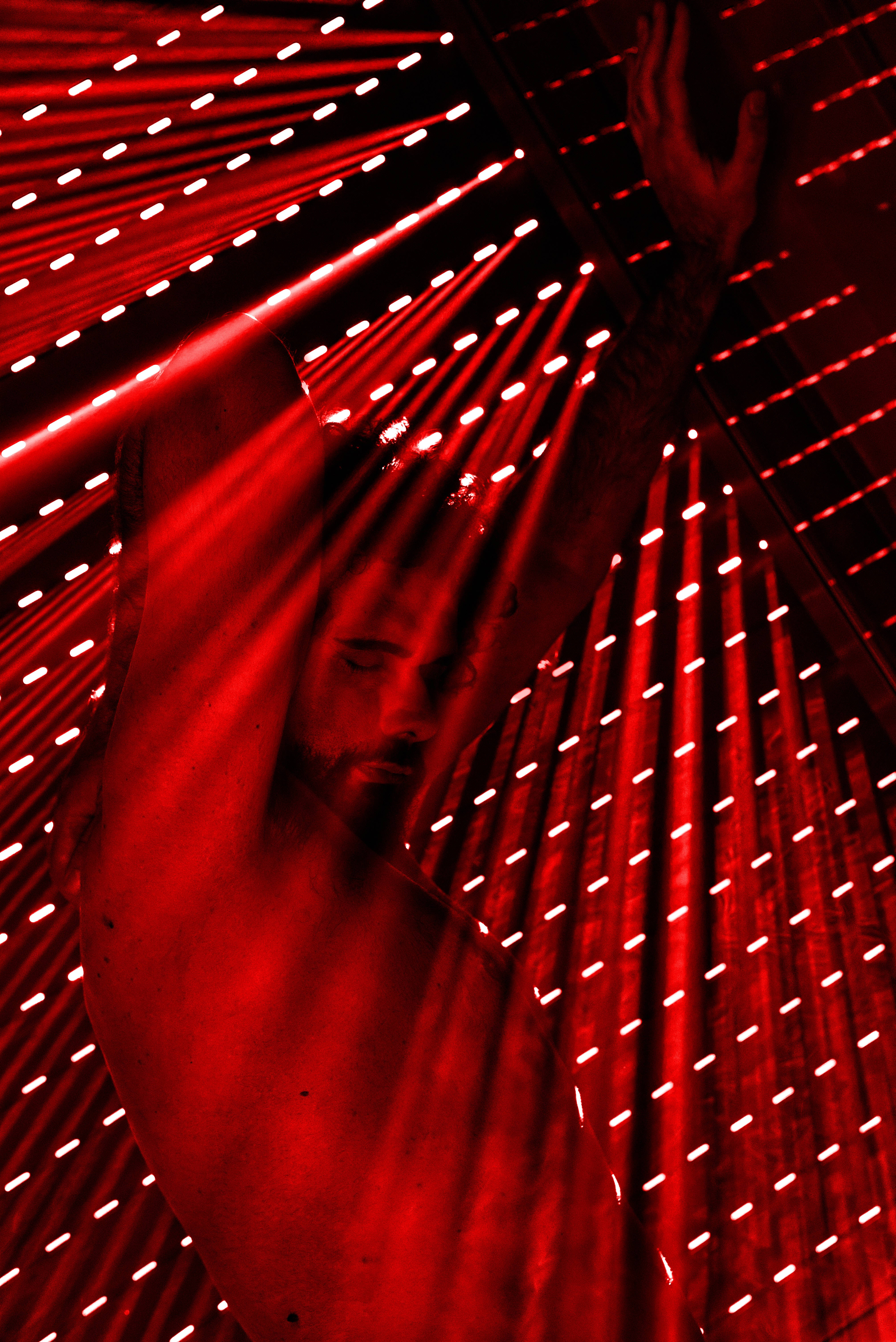 Black Red 4K, red laser grid, shirtless man, 5K Phone Wallpaper