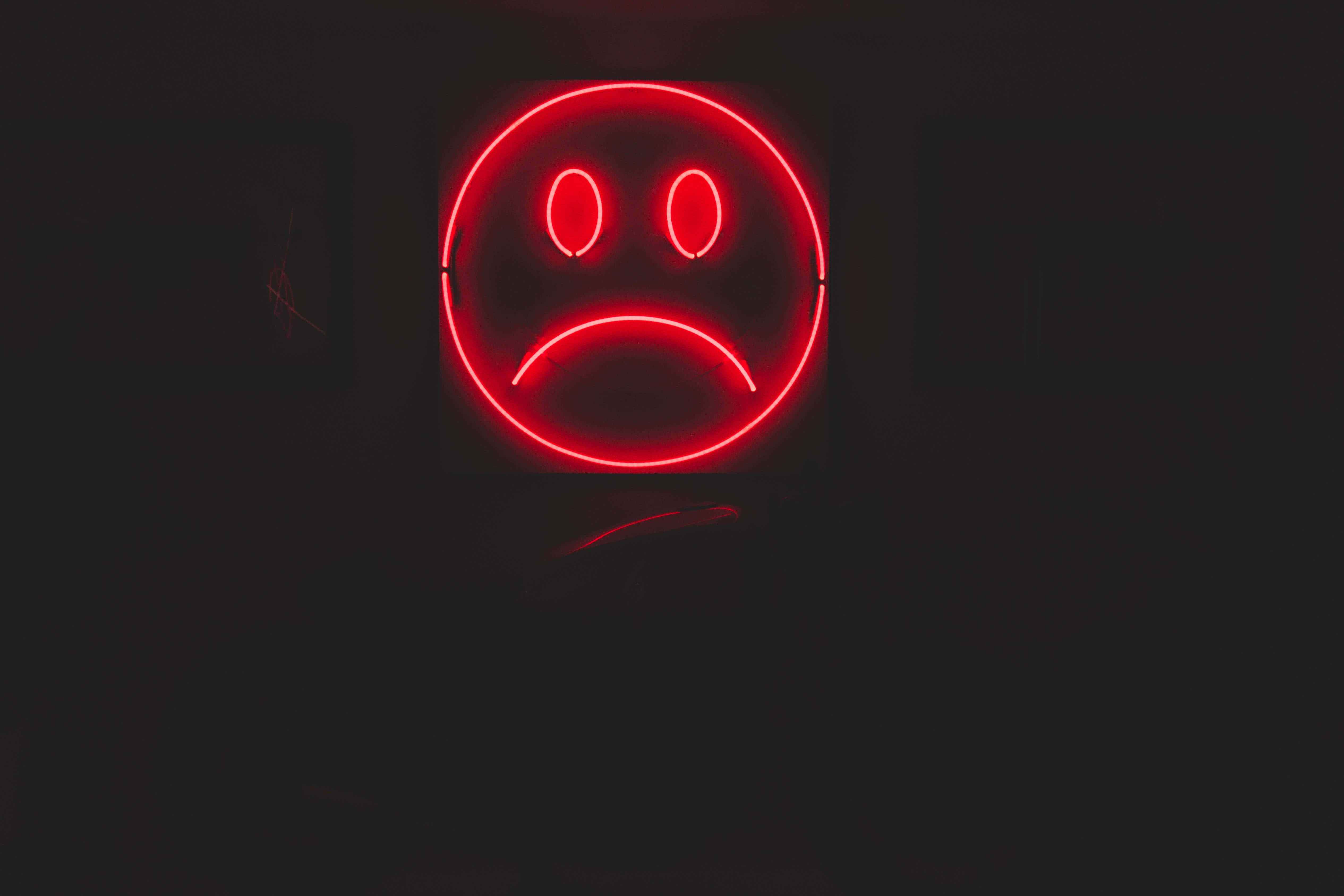 neon pattern, red and black, glowing red neon sad face sign, 4K Desktop Wallpaper