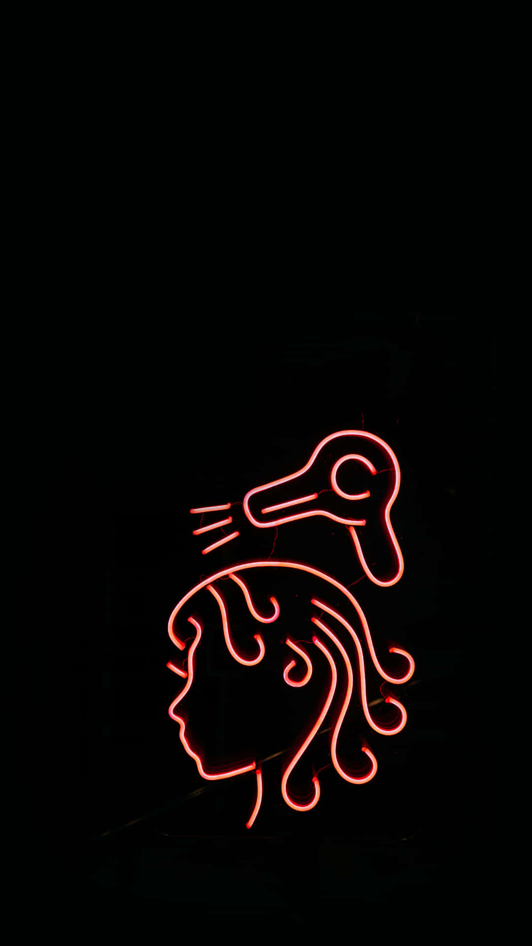 red neon sign, stylized hairdryer, woman's head silhouette, Full HD Phone Wallpaper
