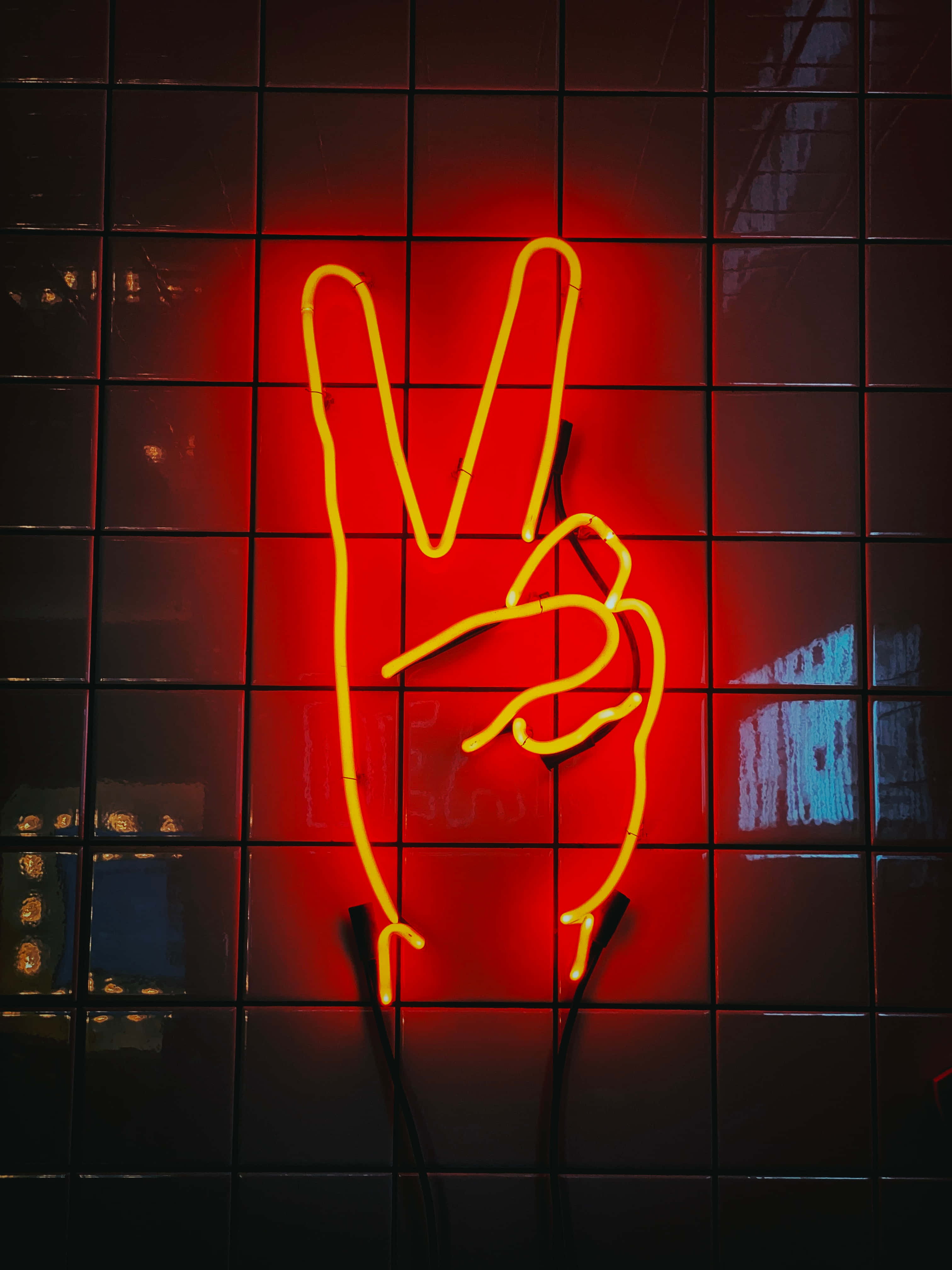black red neon, glowing yellow neon sign, peace hand gesture, 4K Phone Wallpaper