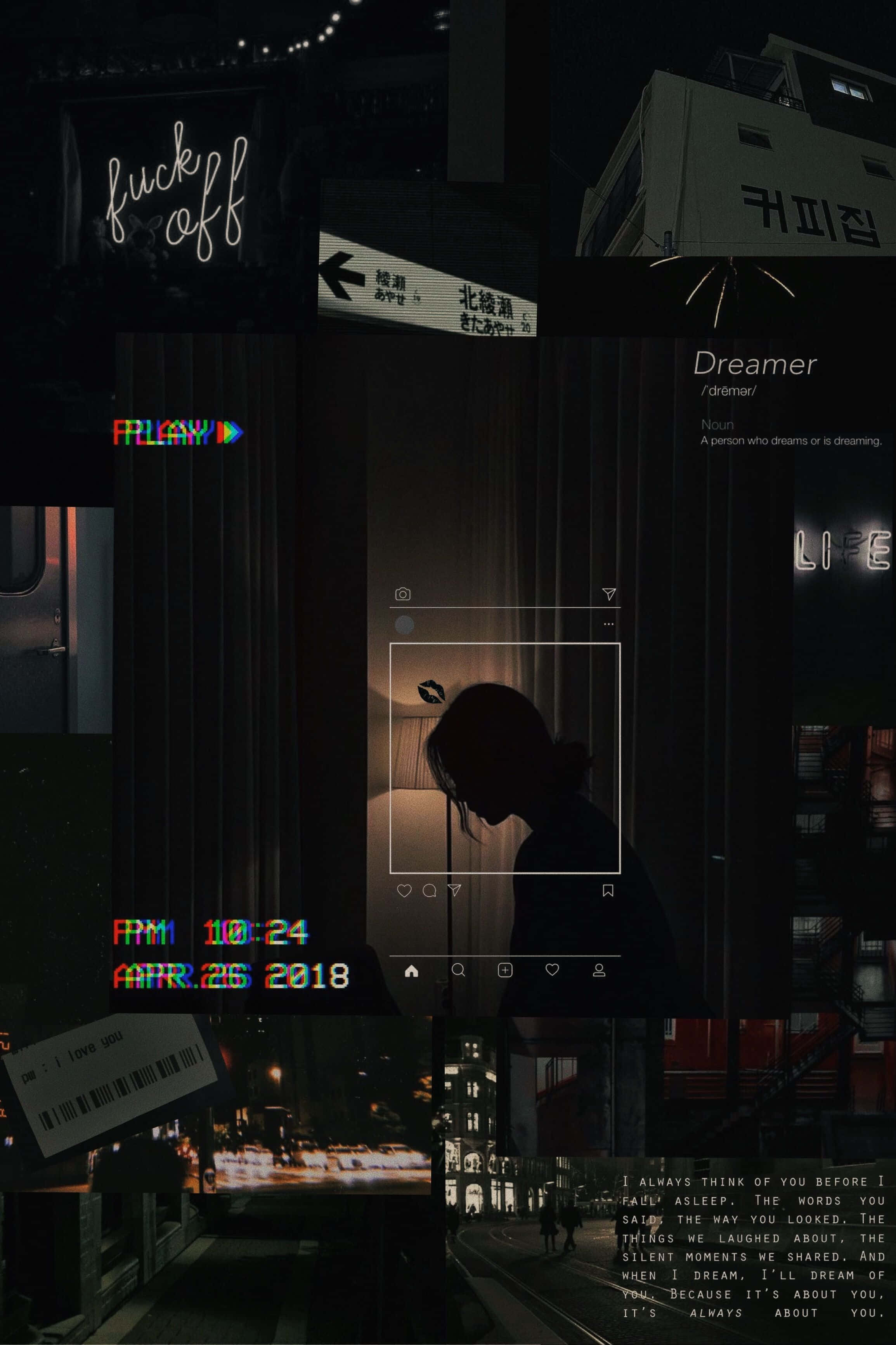 neon signs, silhouetted figure, phone camera frame, 2K Phone Wallpaper