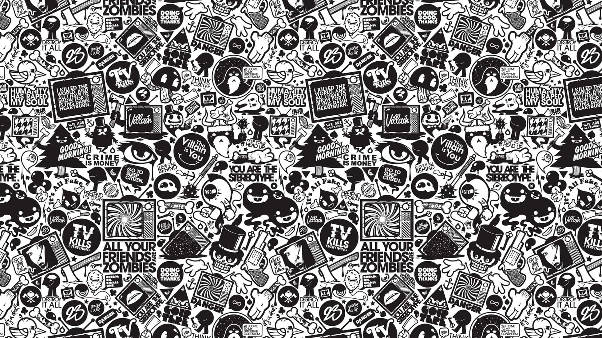 black and white, zombie-themed stickers, pop culture icons, Full HD Desktop Wallpaper