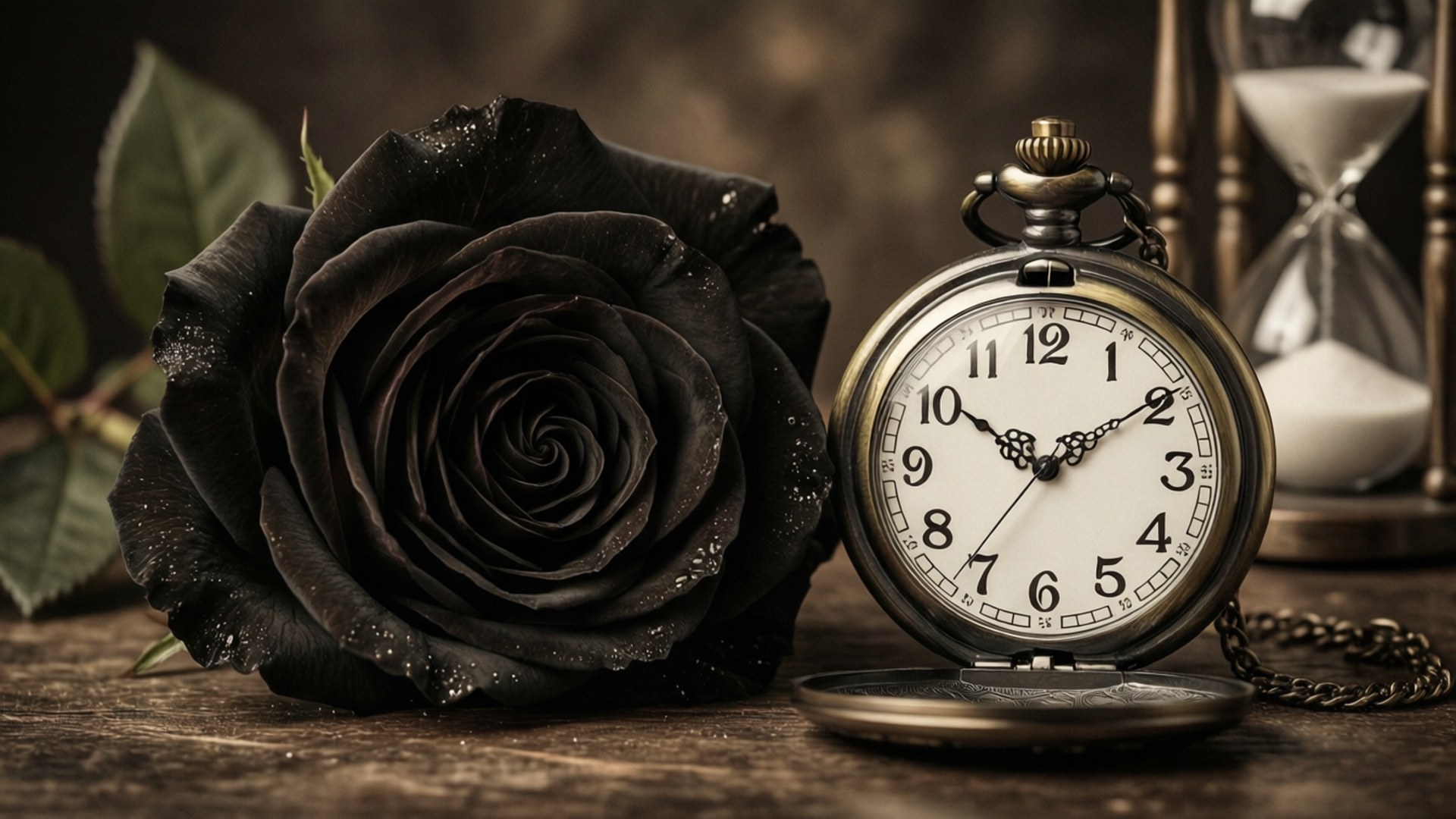 Black Rose, pocket watch, hourglass, Full HD Desktop Wallpaper