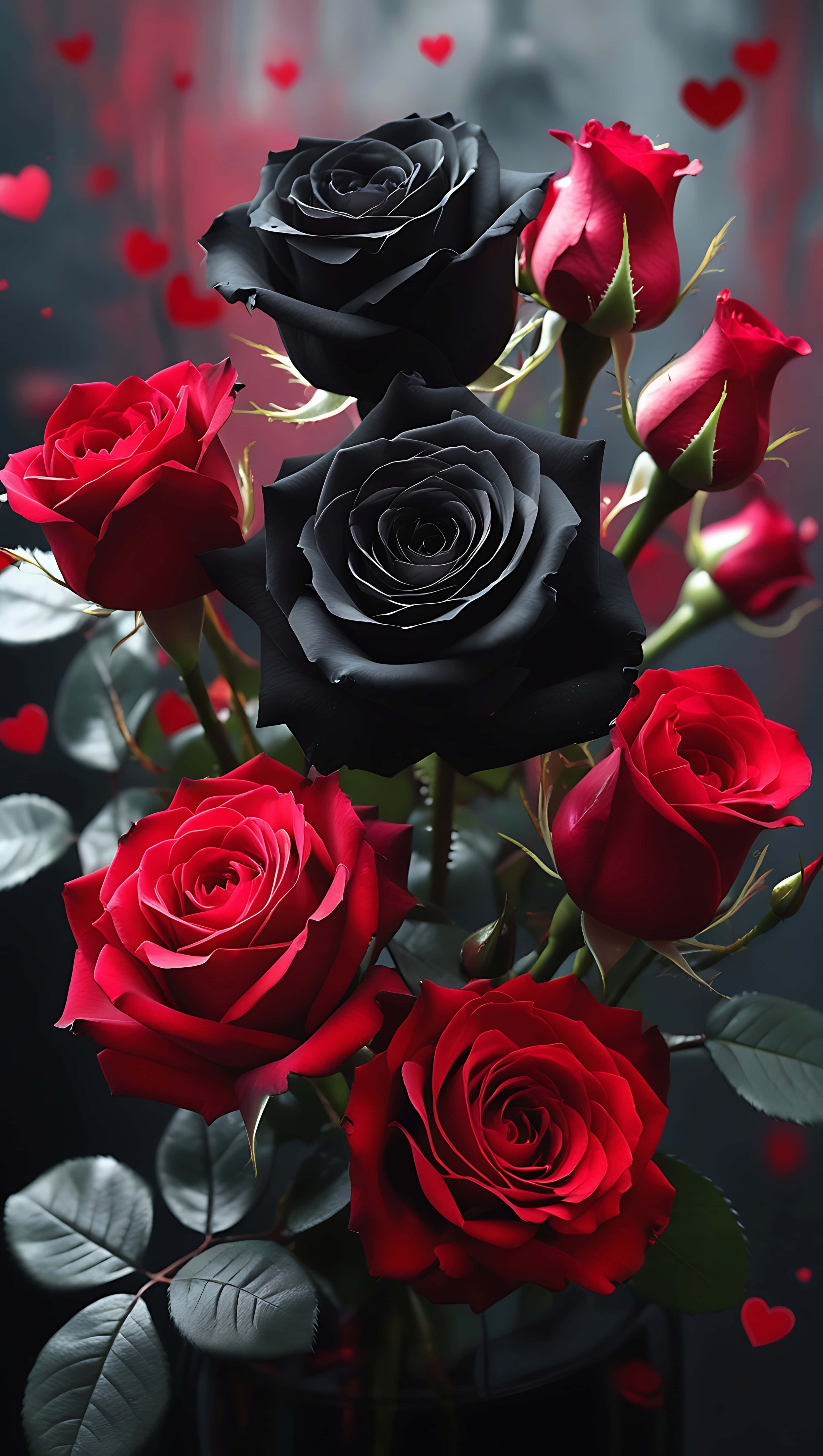 black rose, red rose, floating hearts, 5K Phone Wallpaper