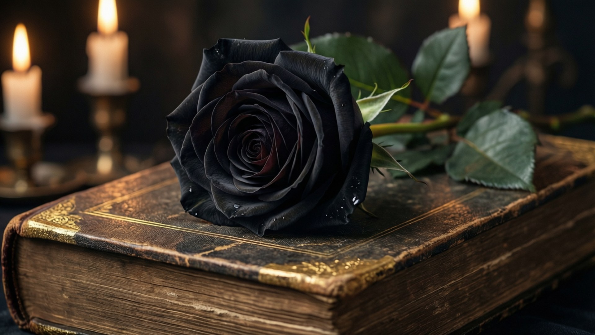 Black Rose, old book, dew drops, Full HD Desktop Wallpaper