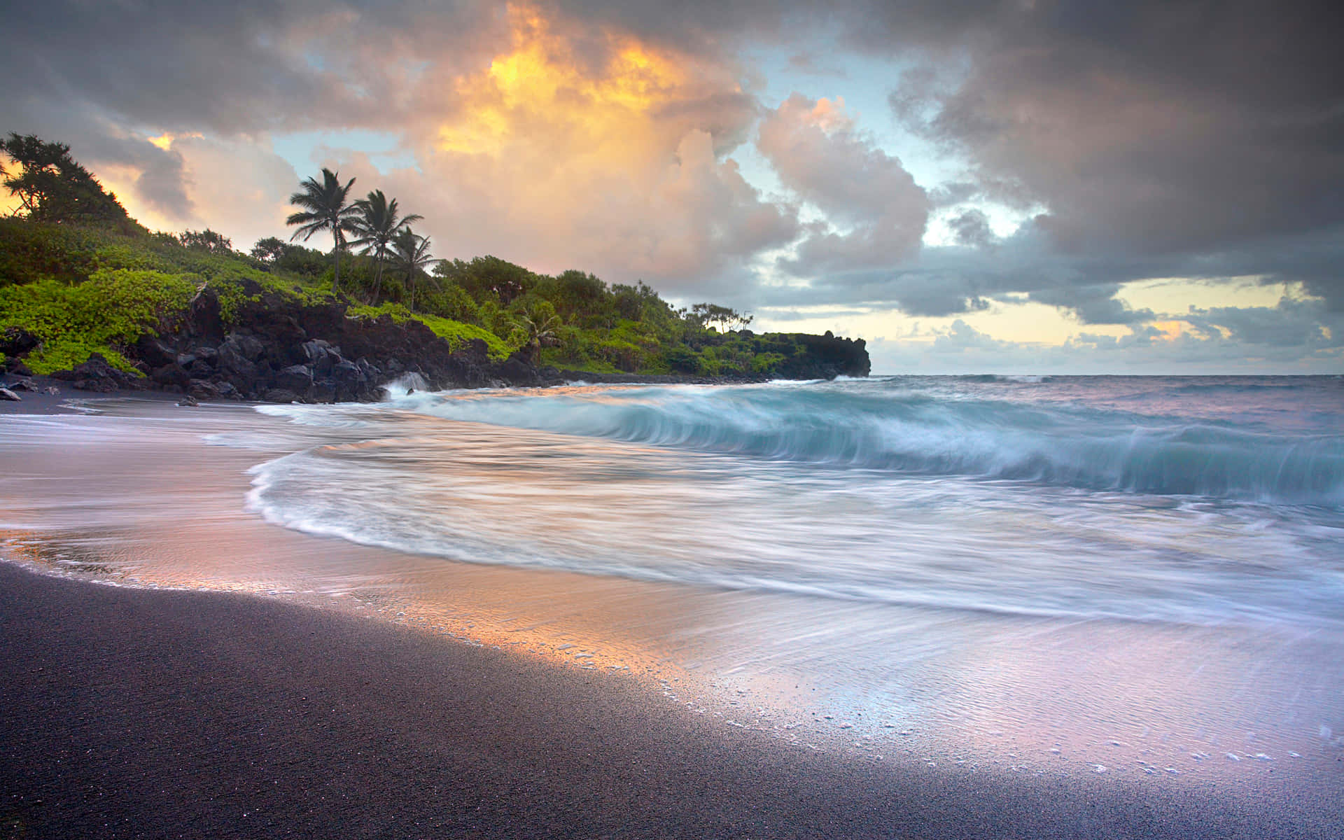 Black Sand Beach, golden sunset light, dramatic clouds, Full HD Desktop Wallpaper