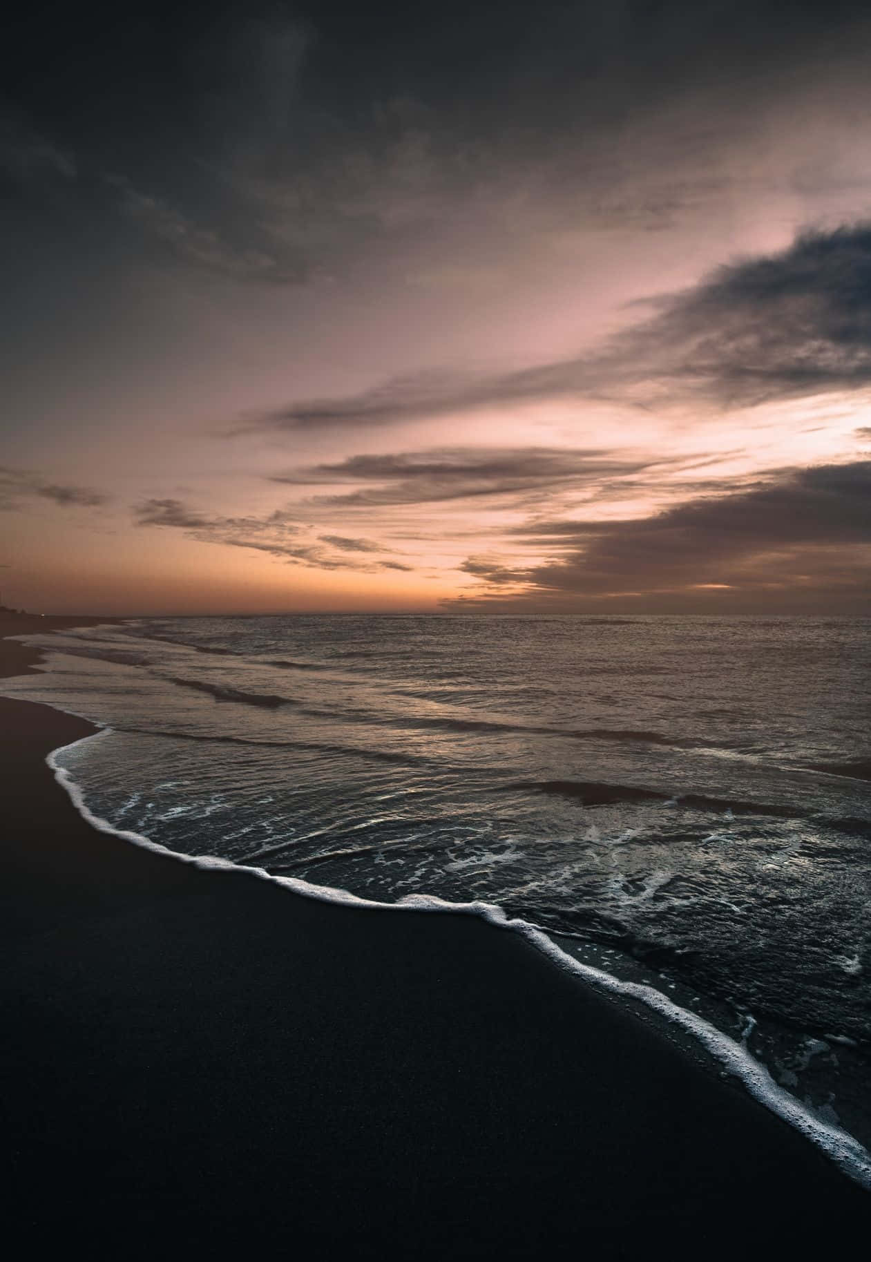 black sand beach, sunset, moody purple and orange sky, HD Phone Wallpaper