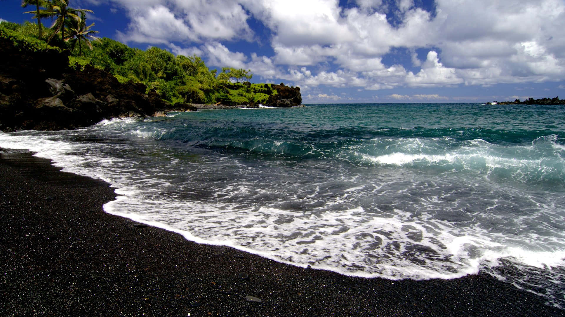 black sand beach, blue ocean waters, bright blue sky, Full HD Desktop Wallpaper