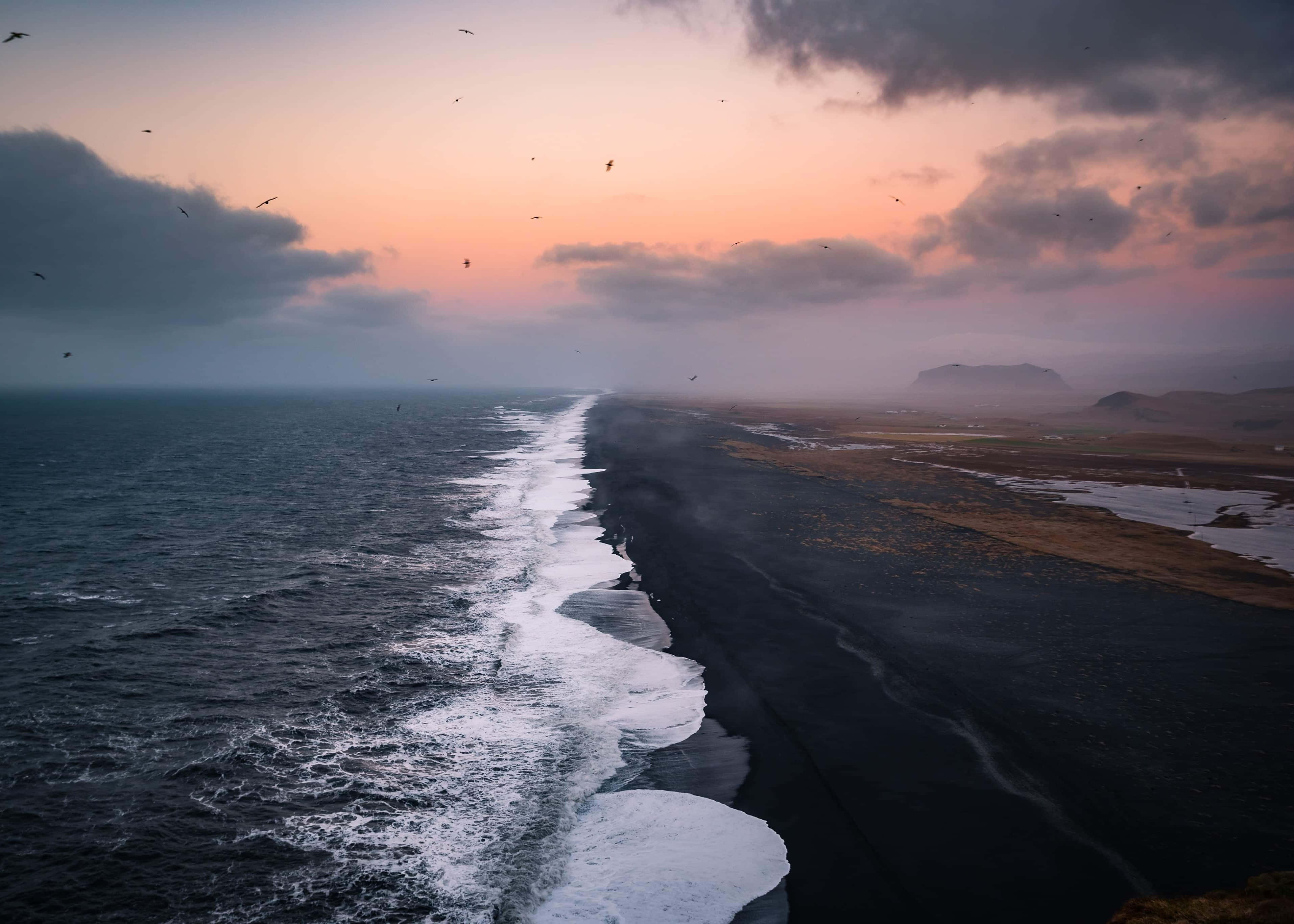 black sand beach, sunset, waves crashing, 2K Desktop Wallpaper