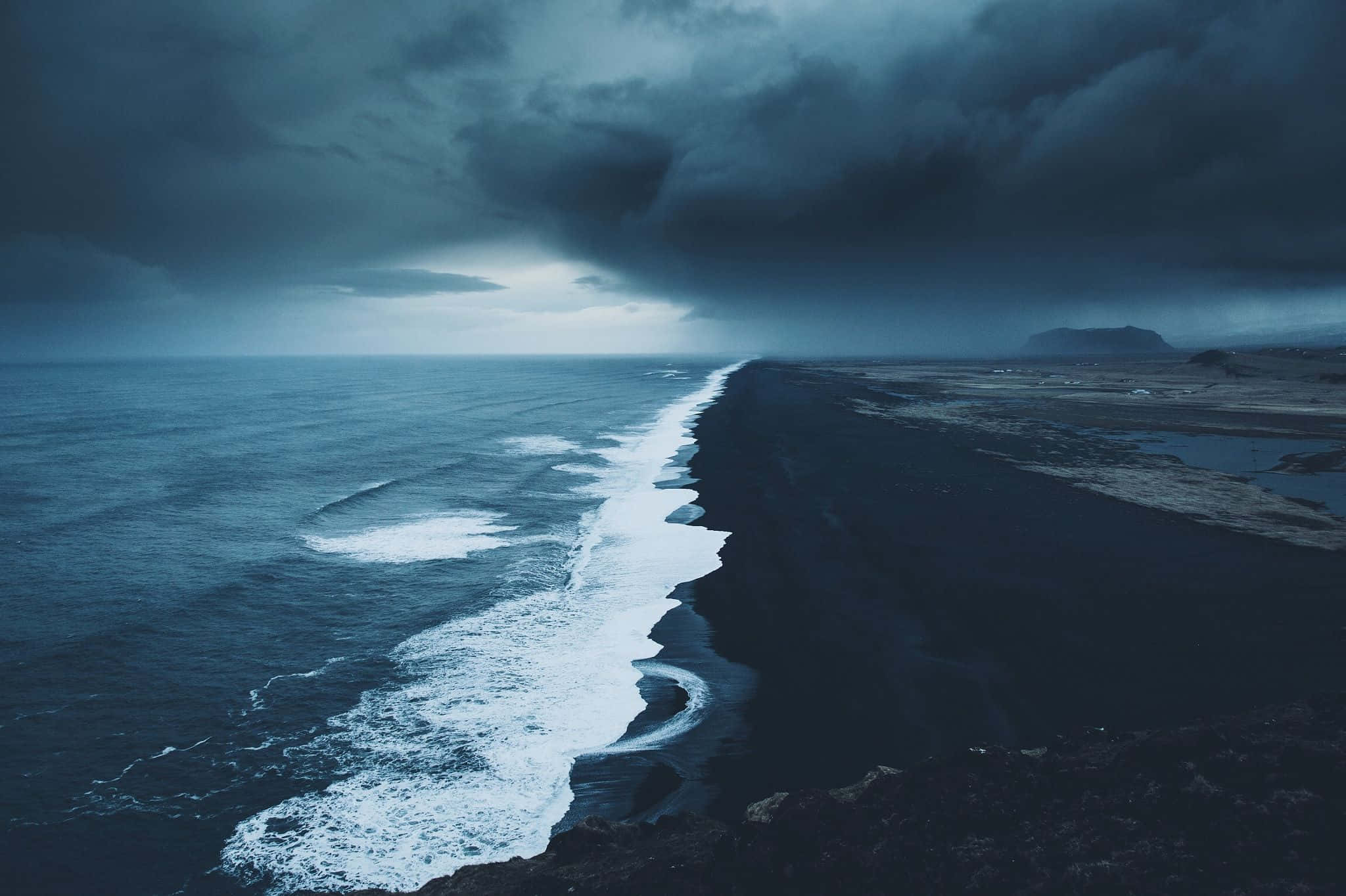 Black Sand Beach, dark volcanic sand, crashing waves, Full HD Desktop Wallpaper