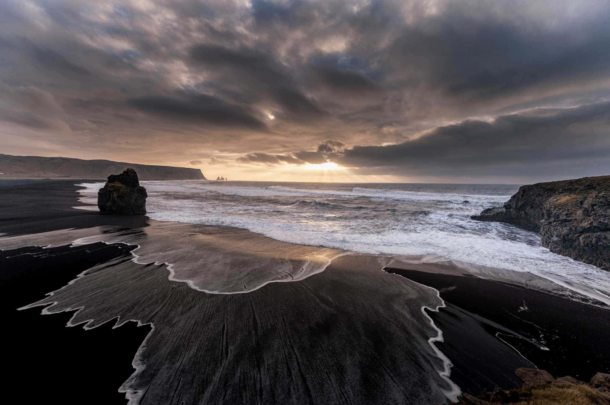 Black Sand Beach, sunset, black volcanic beach, Full HD Desktop Wallpaper