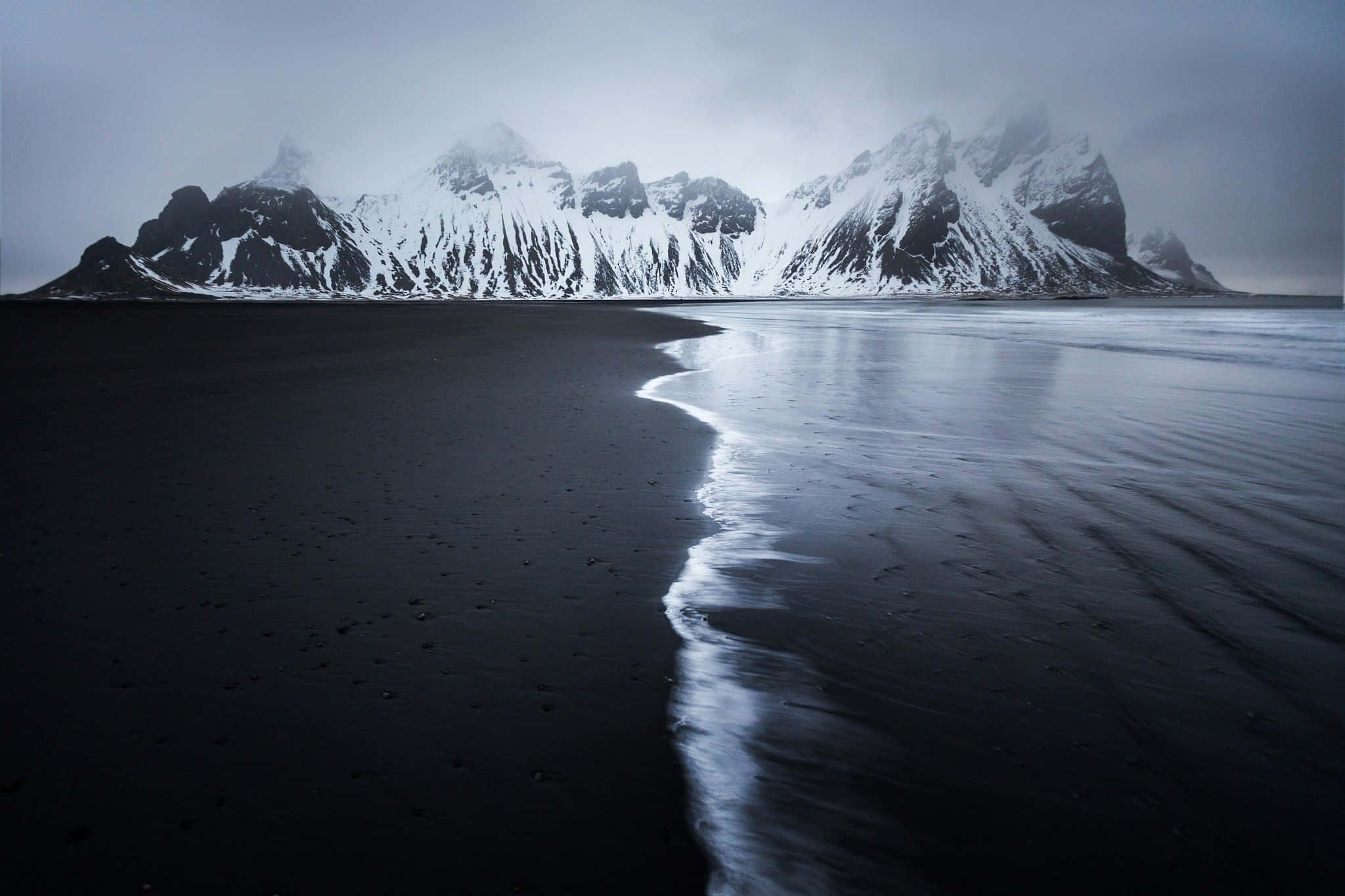 black sand beach, calm waters, snow-capped mountains, Full HD Desktop Wallpaper