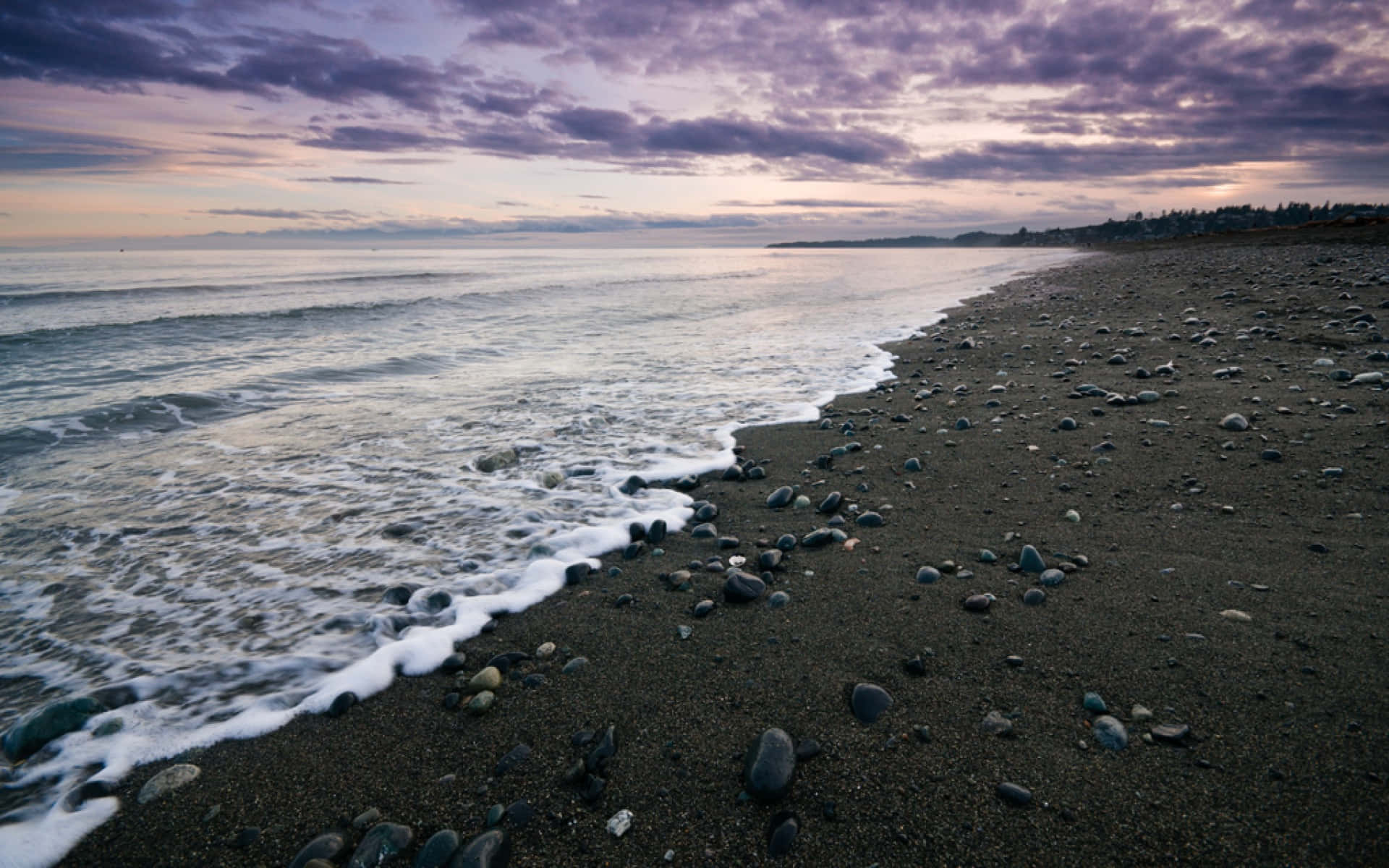 Black Sand Beach, purple and pink twilight sky, calm waves, Full HD Desktop Wallpaper