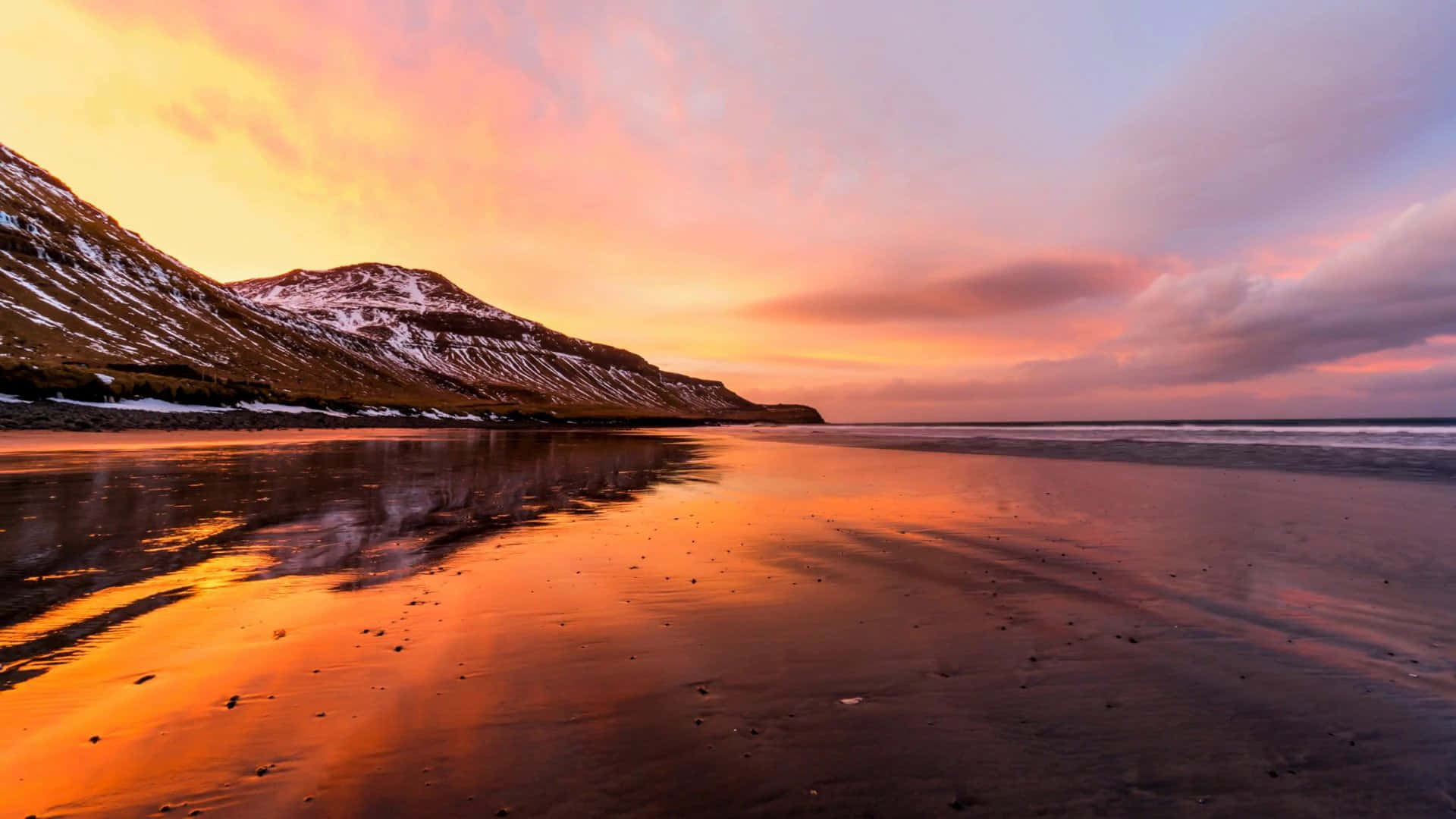 Black Sand Beach, wet sand, fiery orange and pink sunset sky, Full HD Desktop Wallpaper