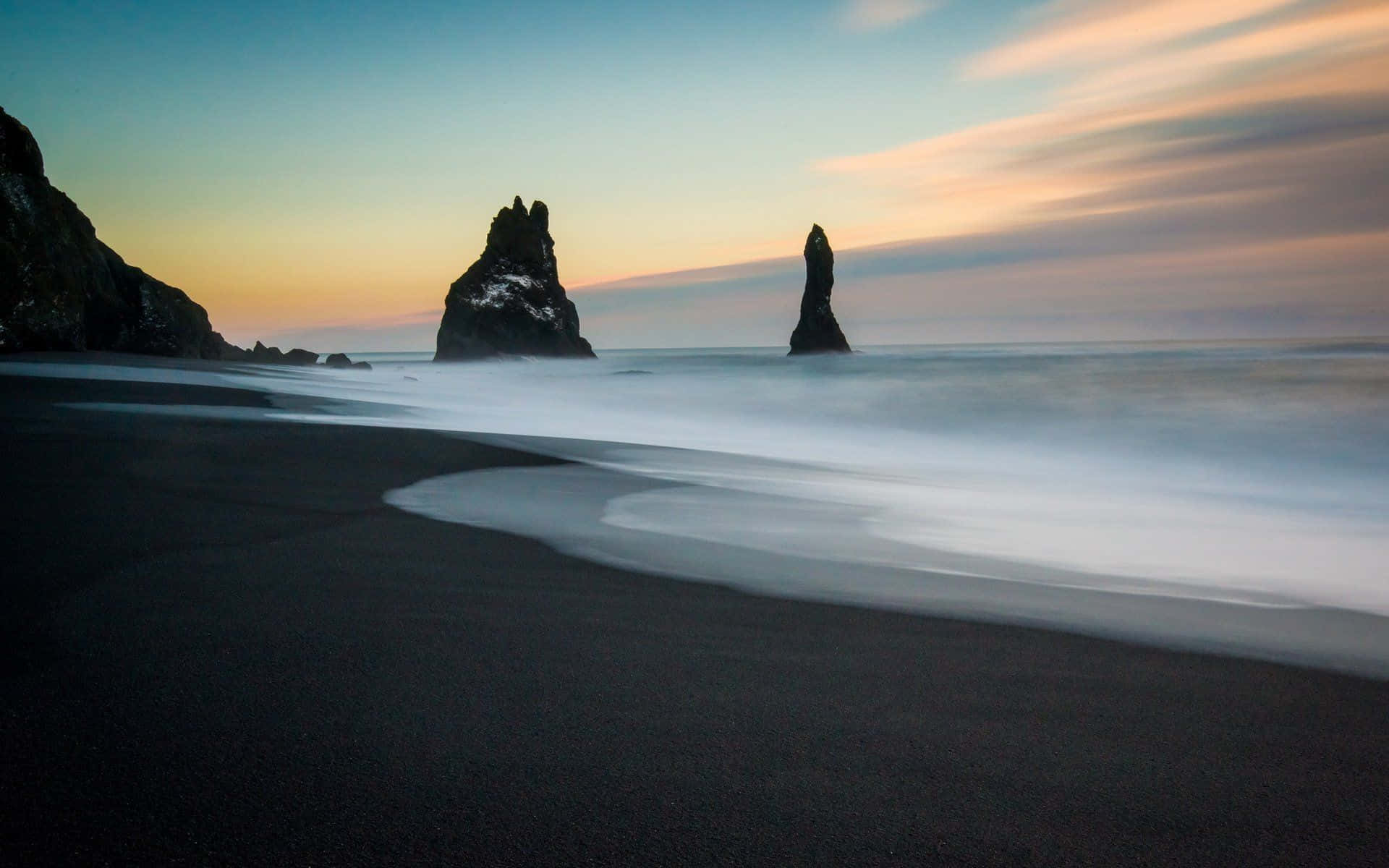 Black Sand Beach, sea stacks, pastel sunset sky, Full HD Desktop Wallpaper