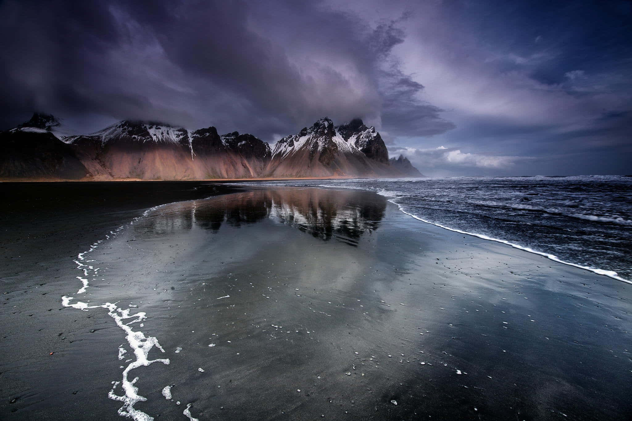 Black Sand Beach, storm clouds, snow capped mountains, Full HD Desktop Wallpaper
