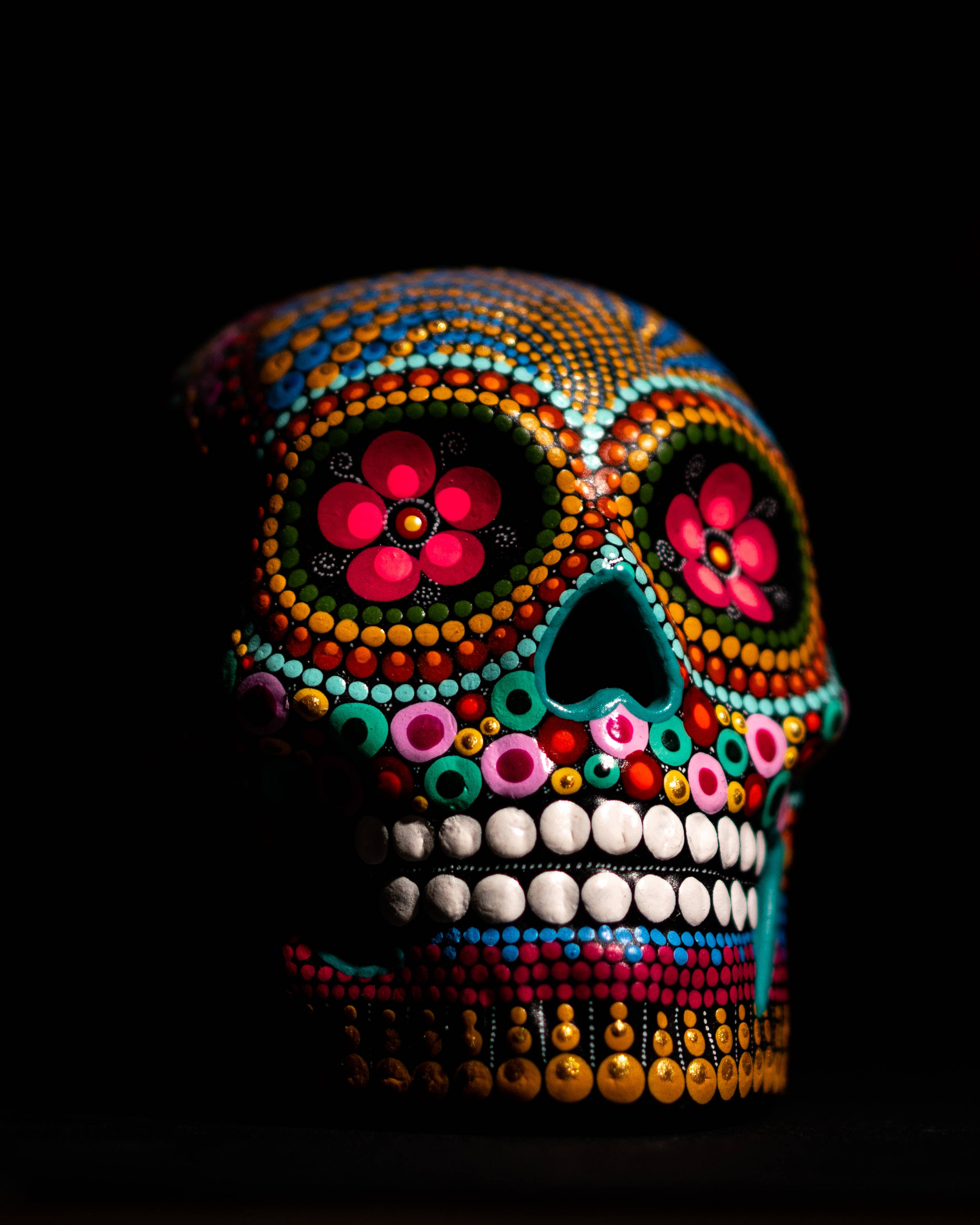colorful skull, black screen, vibrantly painted sugar skull, 2K Phone Wallpaper