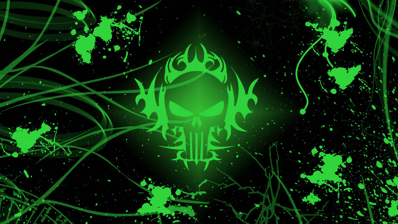 cool green fiery skeleton, glowing green skull, tribal spikes, HD Desktop Wallpaper