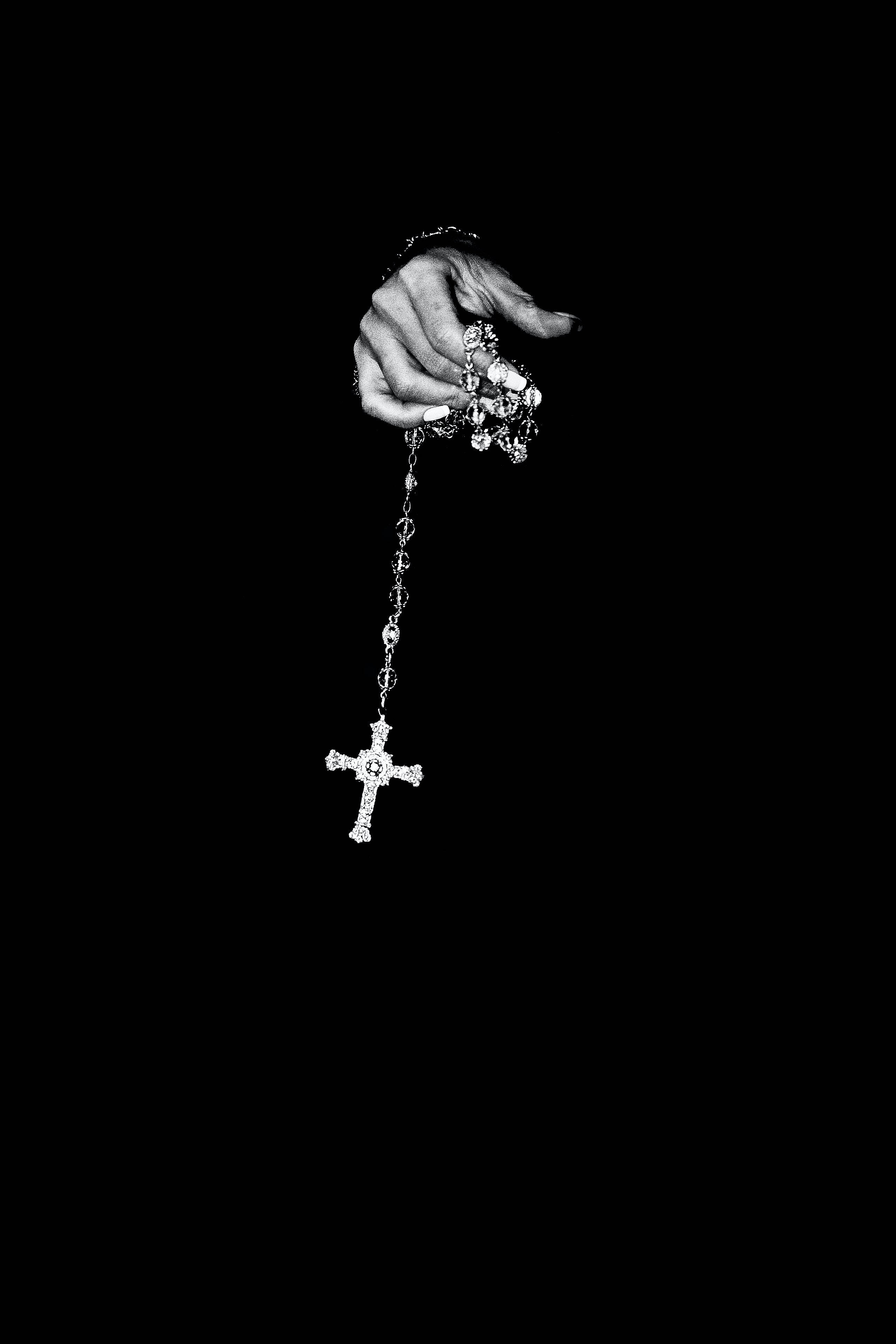 rosary, black screen, cross, 4K Phone Wallpaper