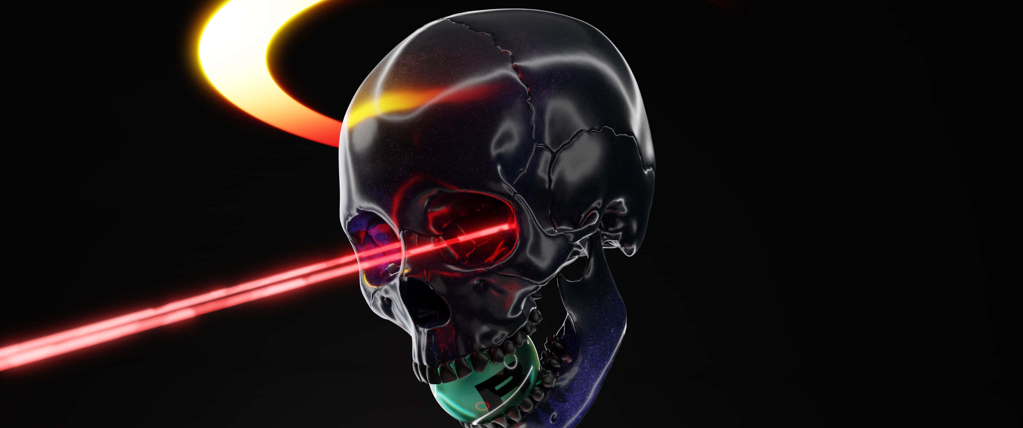 Black Skeleton, glossy black skull, glowing red eyes, 2K Desktop Wallpaper