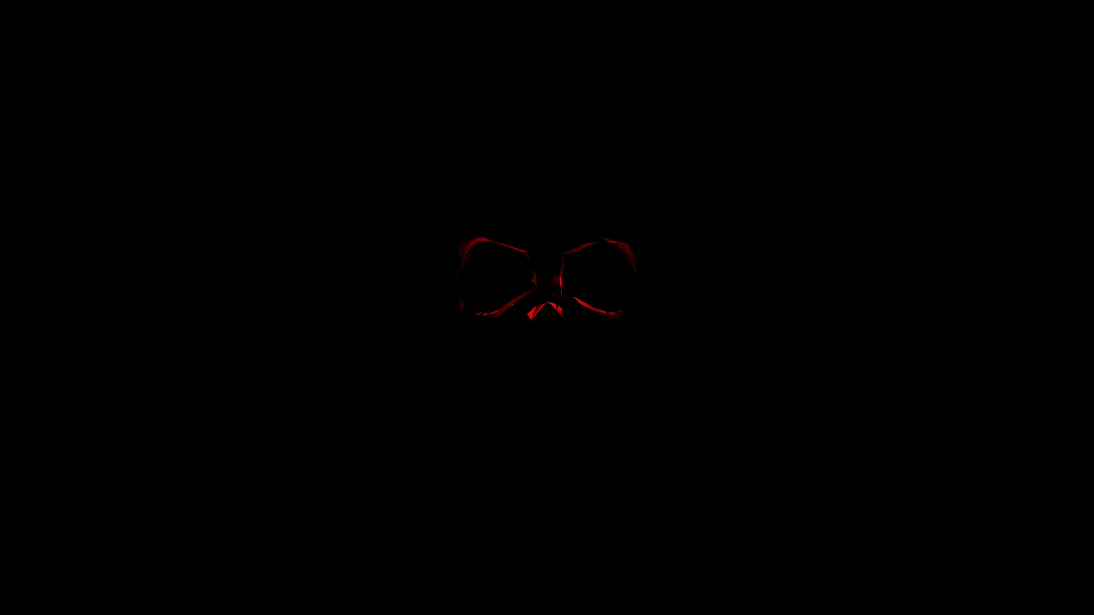 Black Skeleton, glowing red eyes, absolute darkness, 4K Desktop Wallpaper