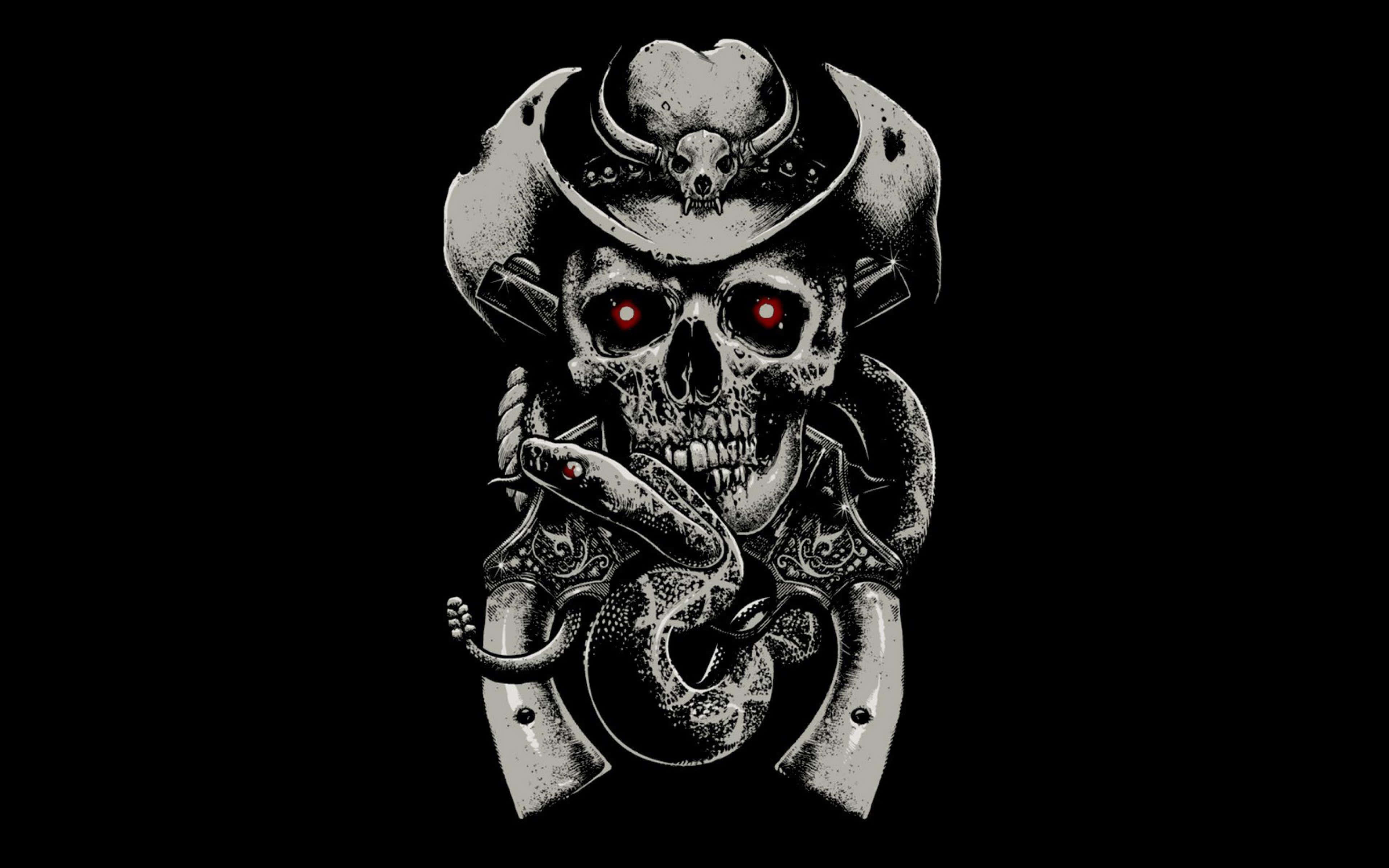 Black Skeleton, cowboy hat, glowing red eyes, 4K Desktop Wallpaper
