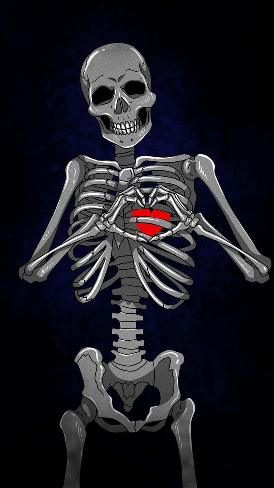 Black Skeleton, glowing red heart, dark textured background, HD Phone Wallpaper