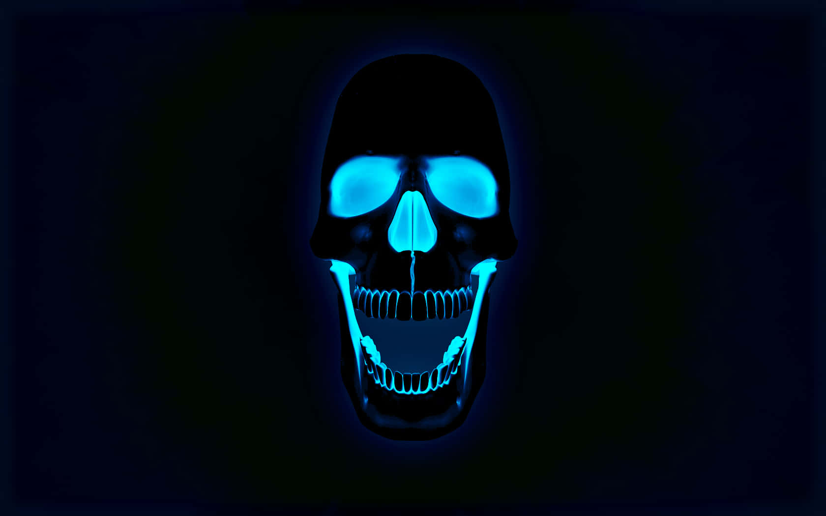 black skeleton, glowing blue skull, luminous eyes, HD Desktop Wallpaper