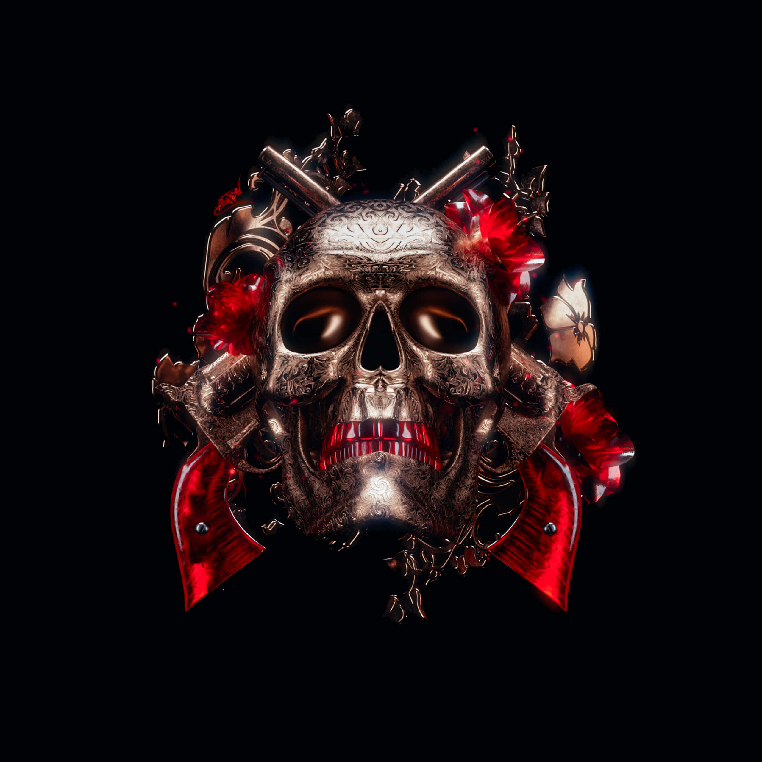 Black Skeleton, metallic skull, red flowers, 2K Desktop Wallpaper