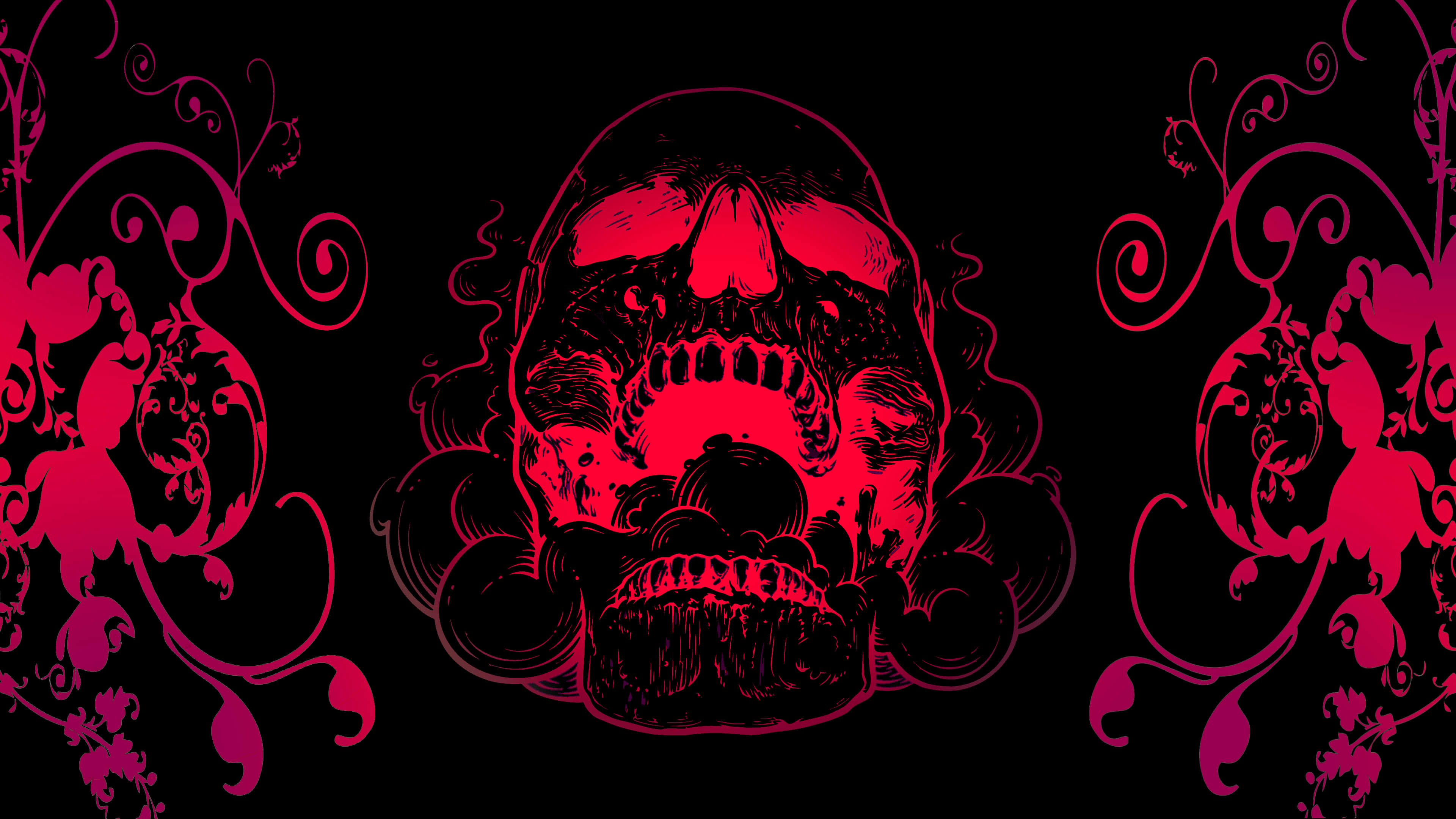 Black Skeleton, glowing red skull, pink floral swirls, 4K Desktop Wallpaper