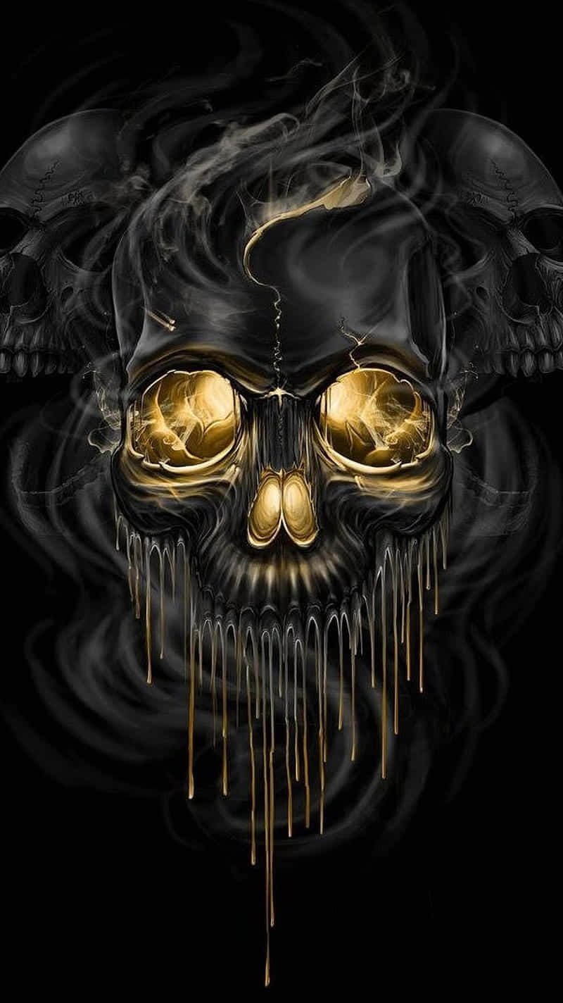 Black Skeleton, glowing golden eyes, dripping gold liquid, HD Phone Wallpaper