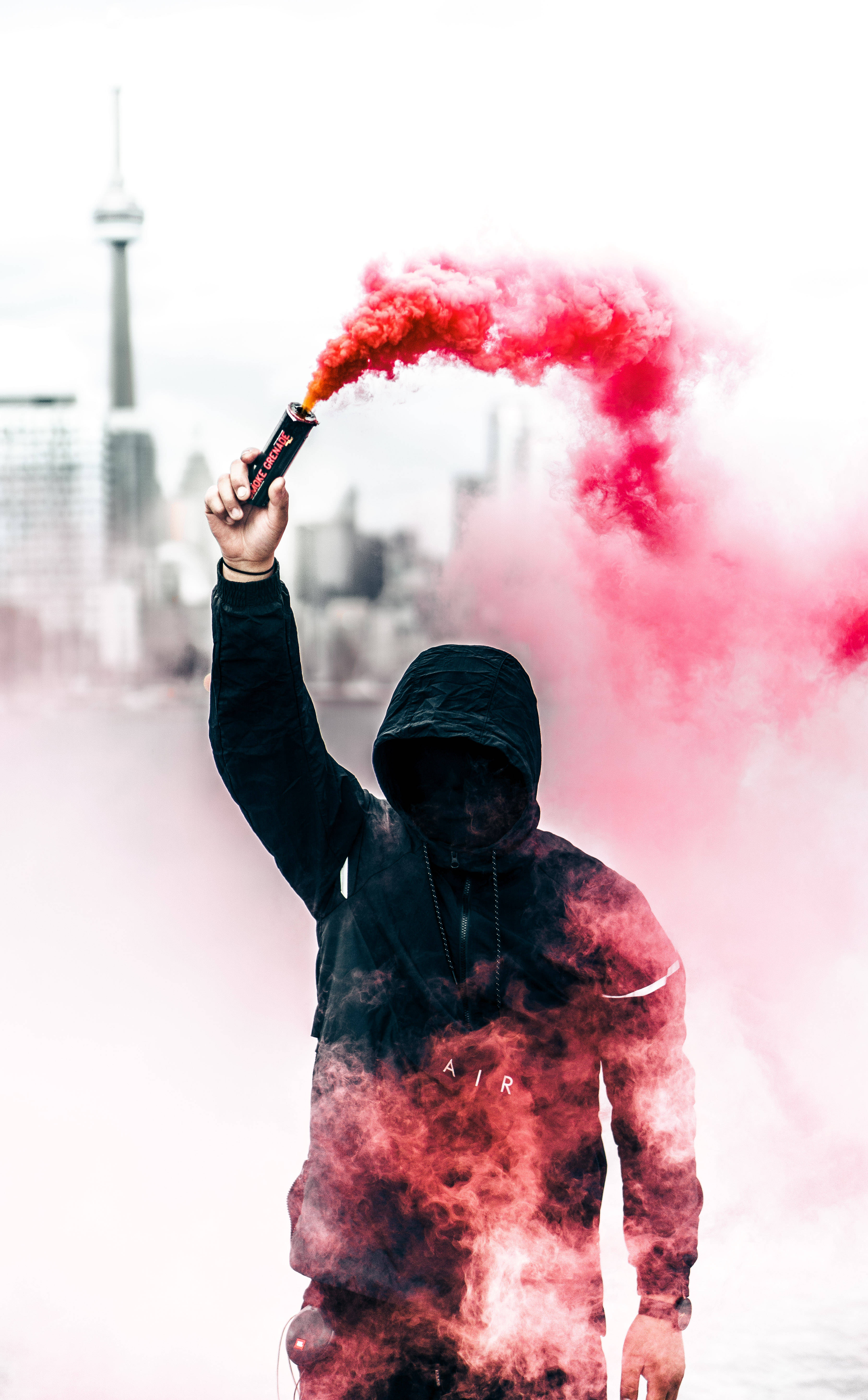 black ski mask, red smoke pipe, city skyline, 5K Phone Wallpaper