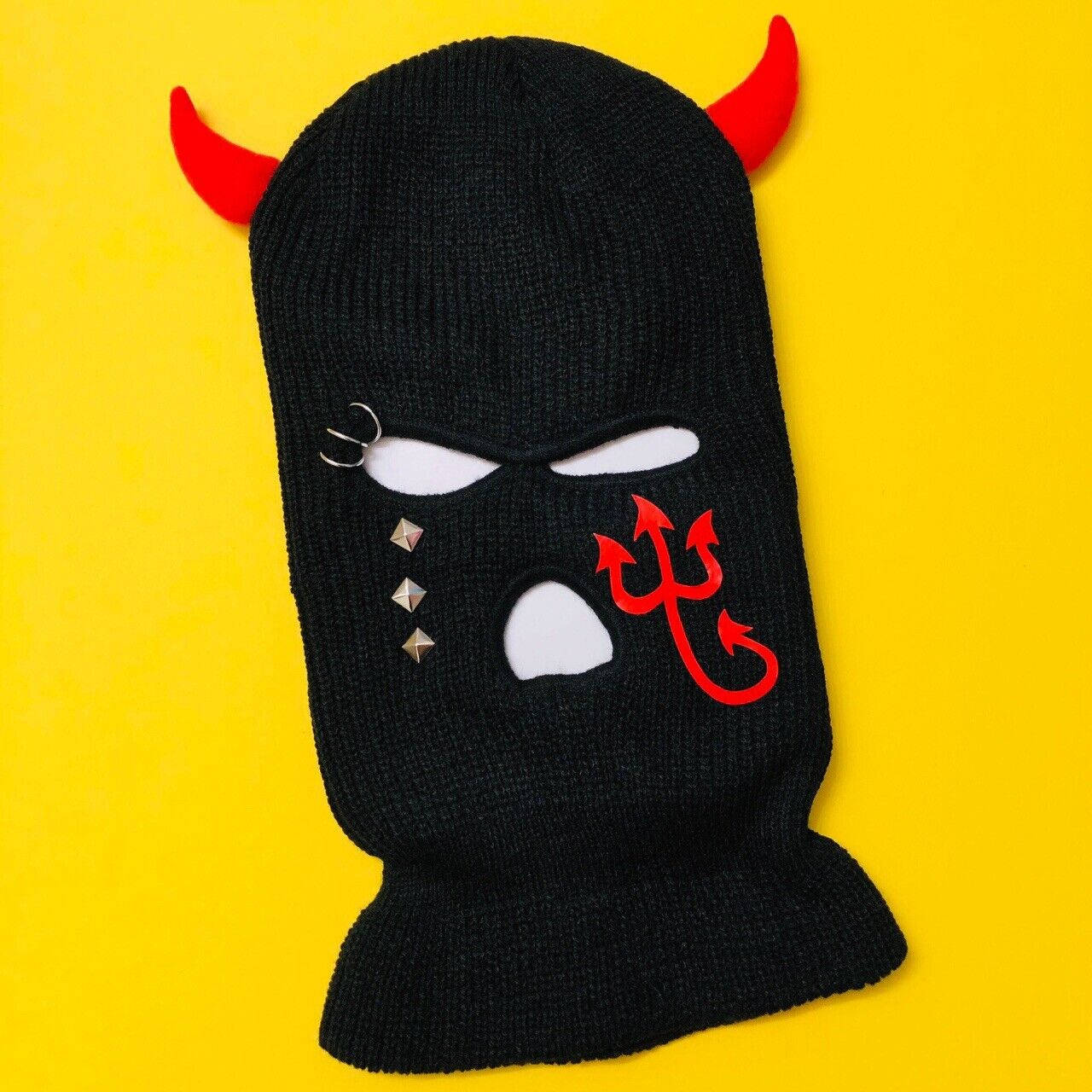 Black Ski Mask, red devil horns, trident, HD Desktop Wallpaper