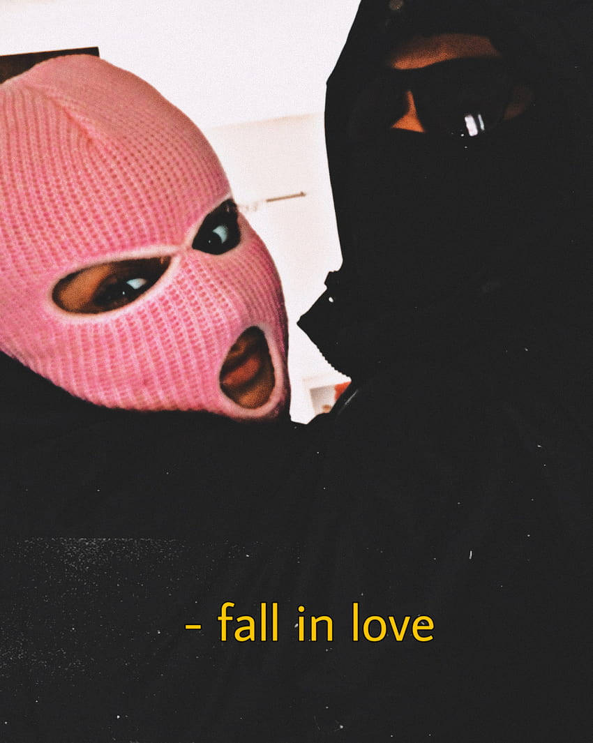 black ski mask, pink and black balaclavas, text fall in love, SD Phone Wallpaper