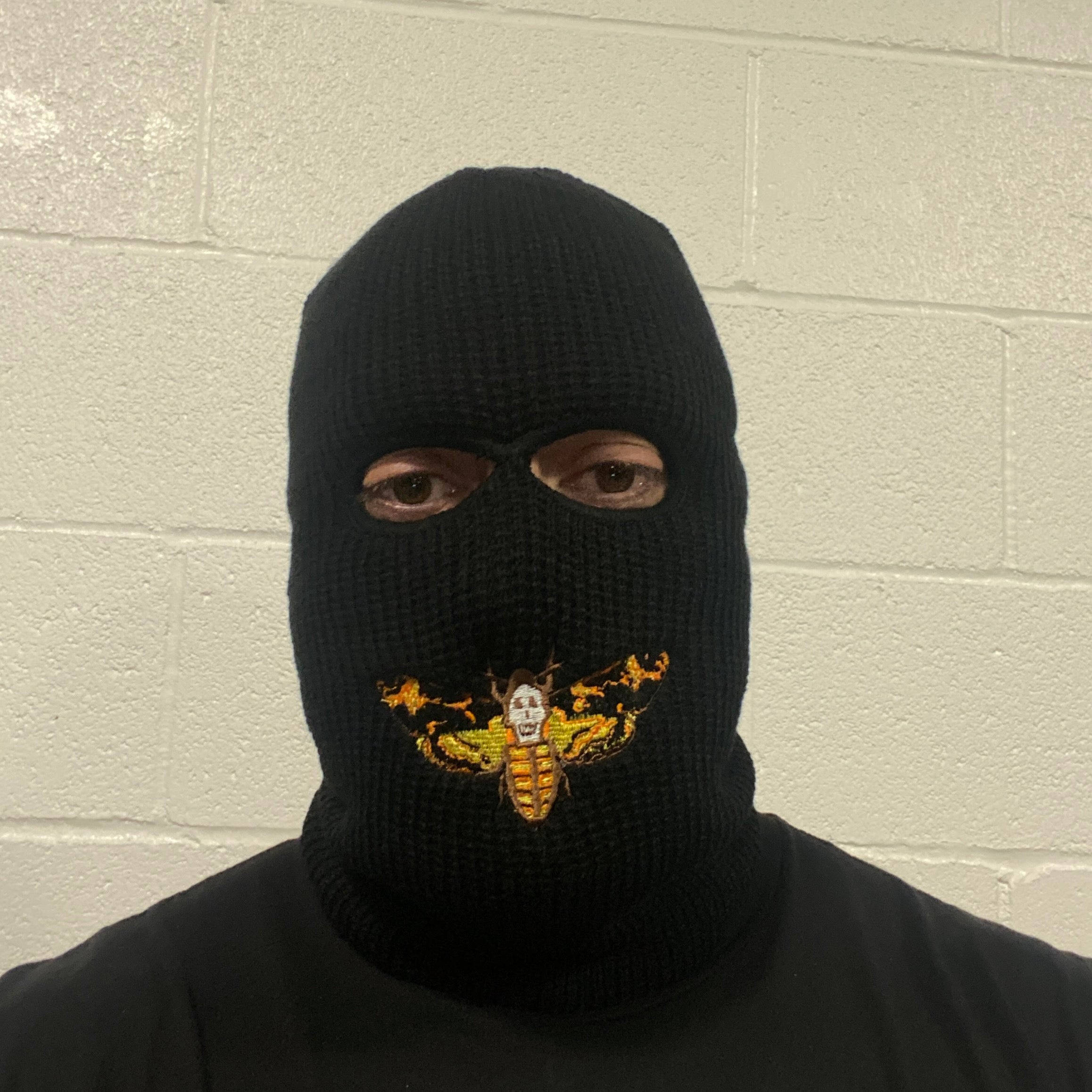 Black Ski Mask, balaclava, embroidered moth patch, Full HD Desktop Wallpaper