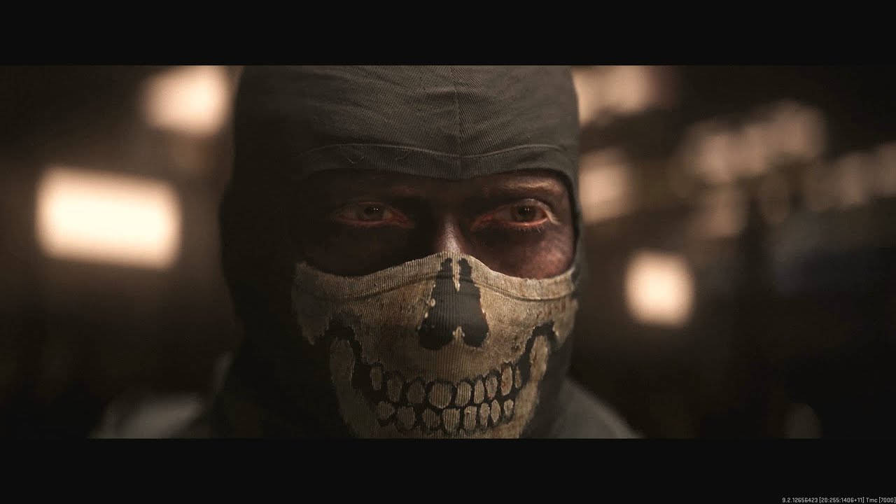 black ski mask, skull-patterned balaclava, glowing red eyes, HD Desktop Wallpaper