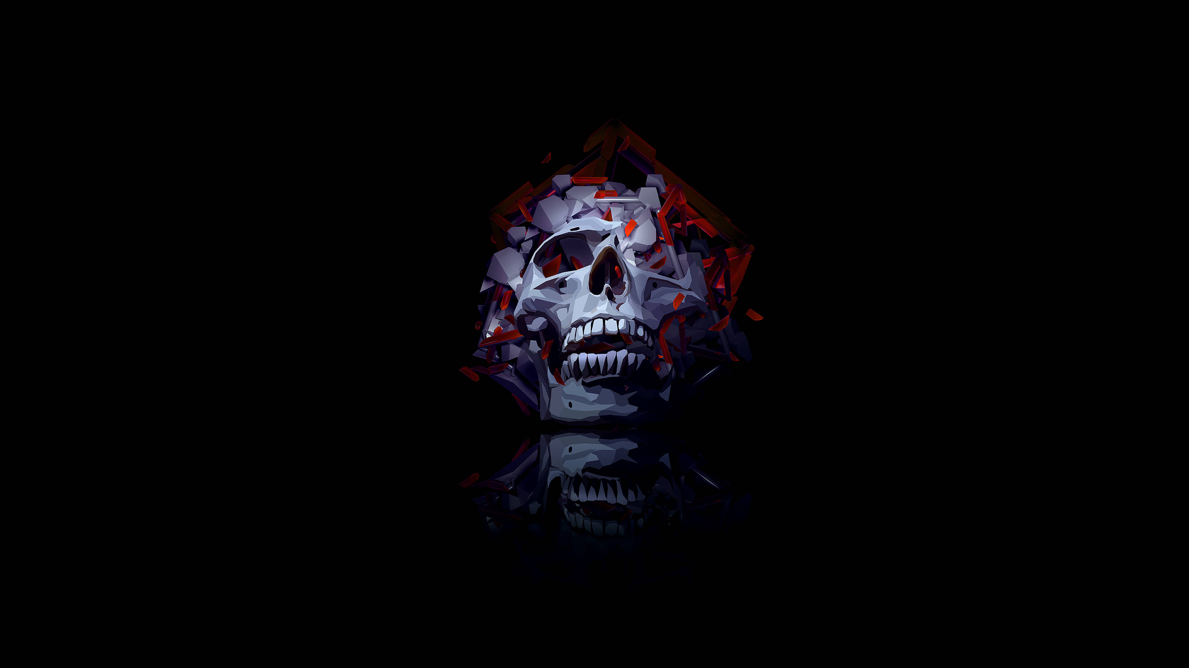Black Skull, red accents, black background, 4K Desktop Wallpaper