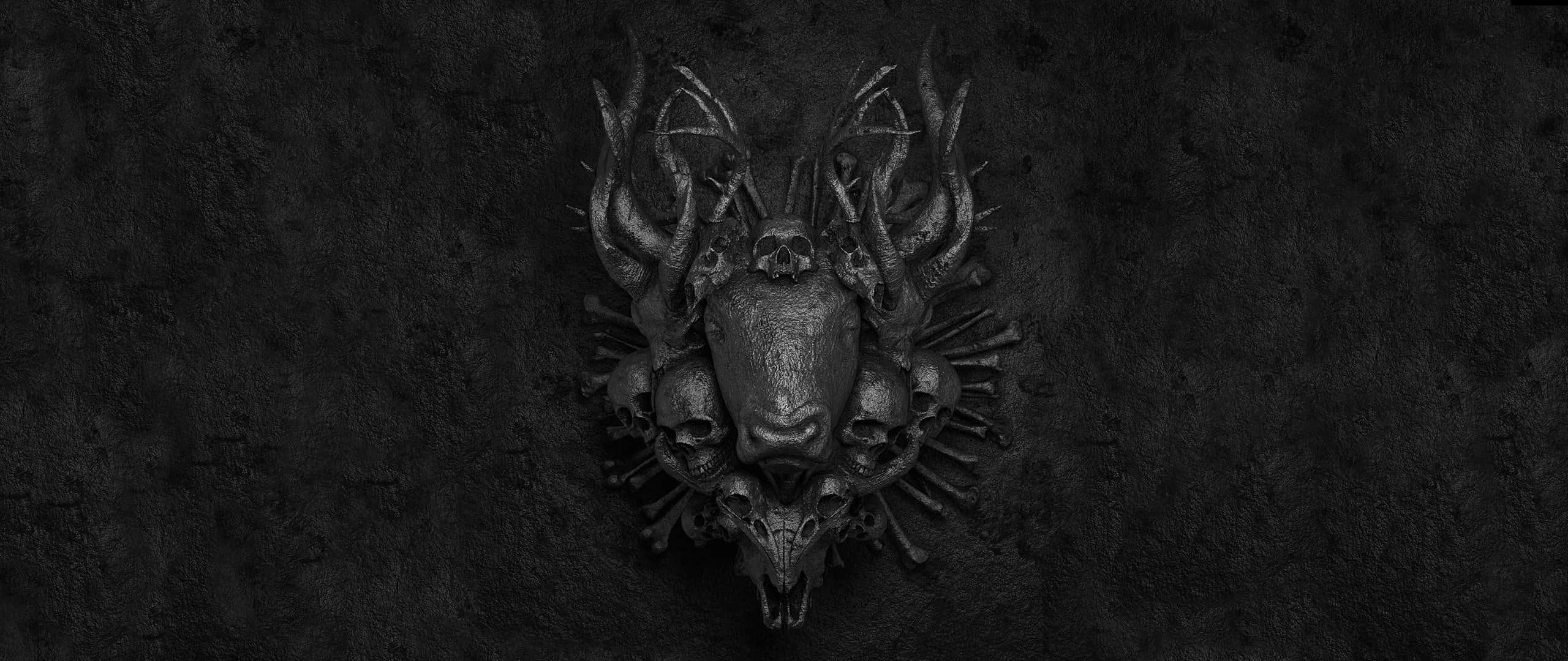bull skull, antlers, rough black wall, 2K Desktop Wallpaper