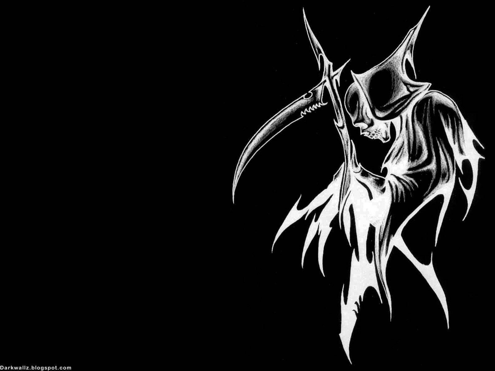 Black Skull, scythe, stark white skeletal figure, HD Desktop Wallpaper