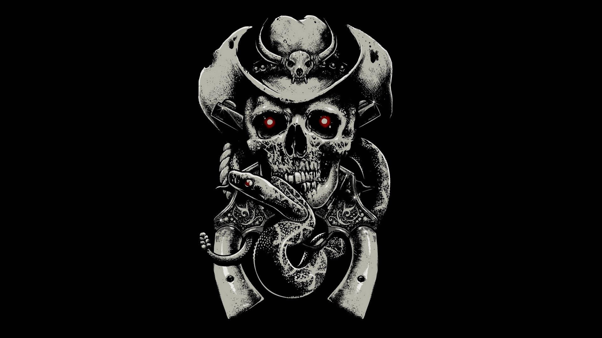 Black Skull, cowboy hat, glowing red eyes, Full HD Desktop Wallpaper