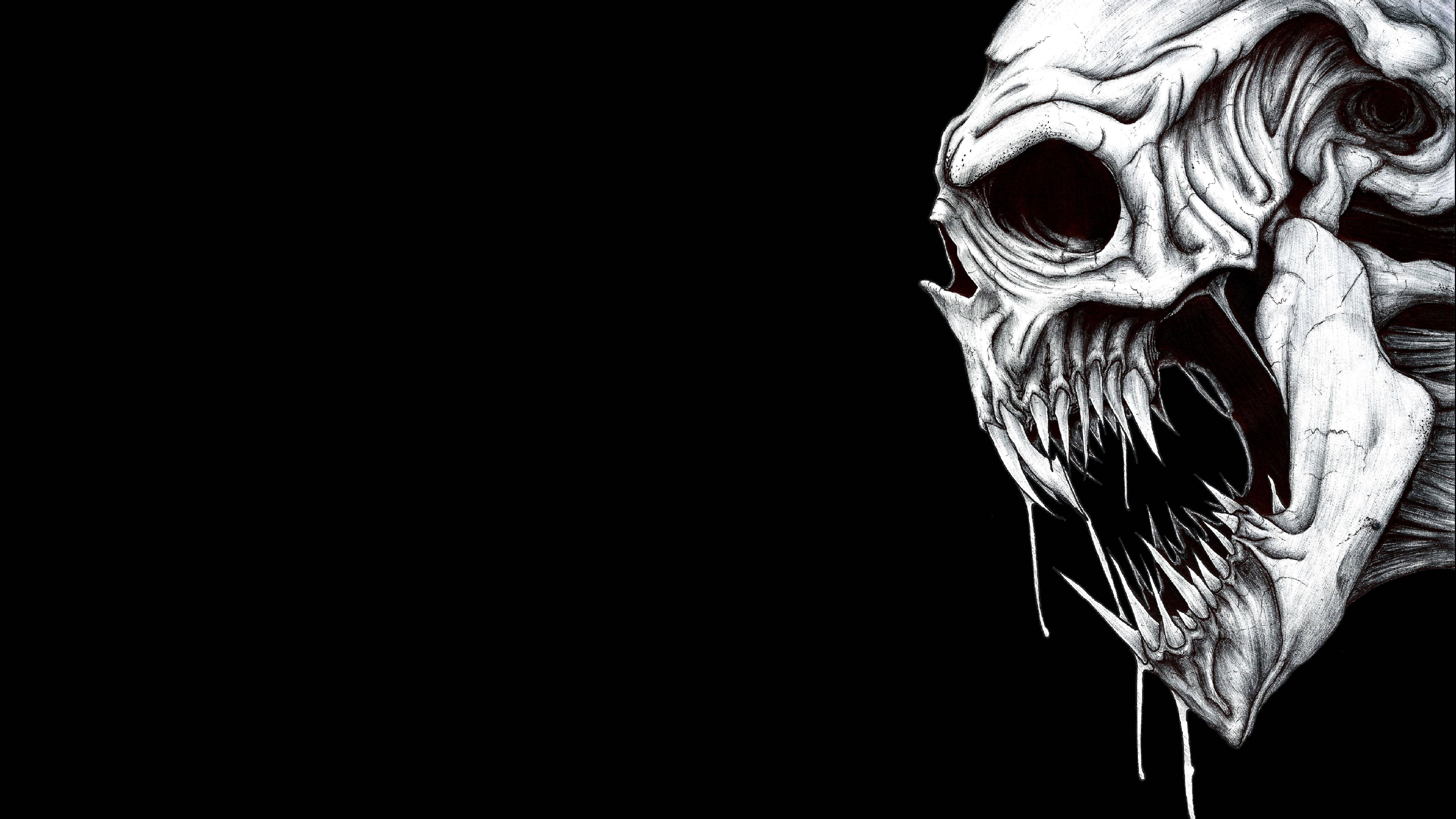 Black Skull, white skull, sharp teeth, 5K Desktop Wallpaper