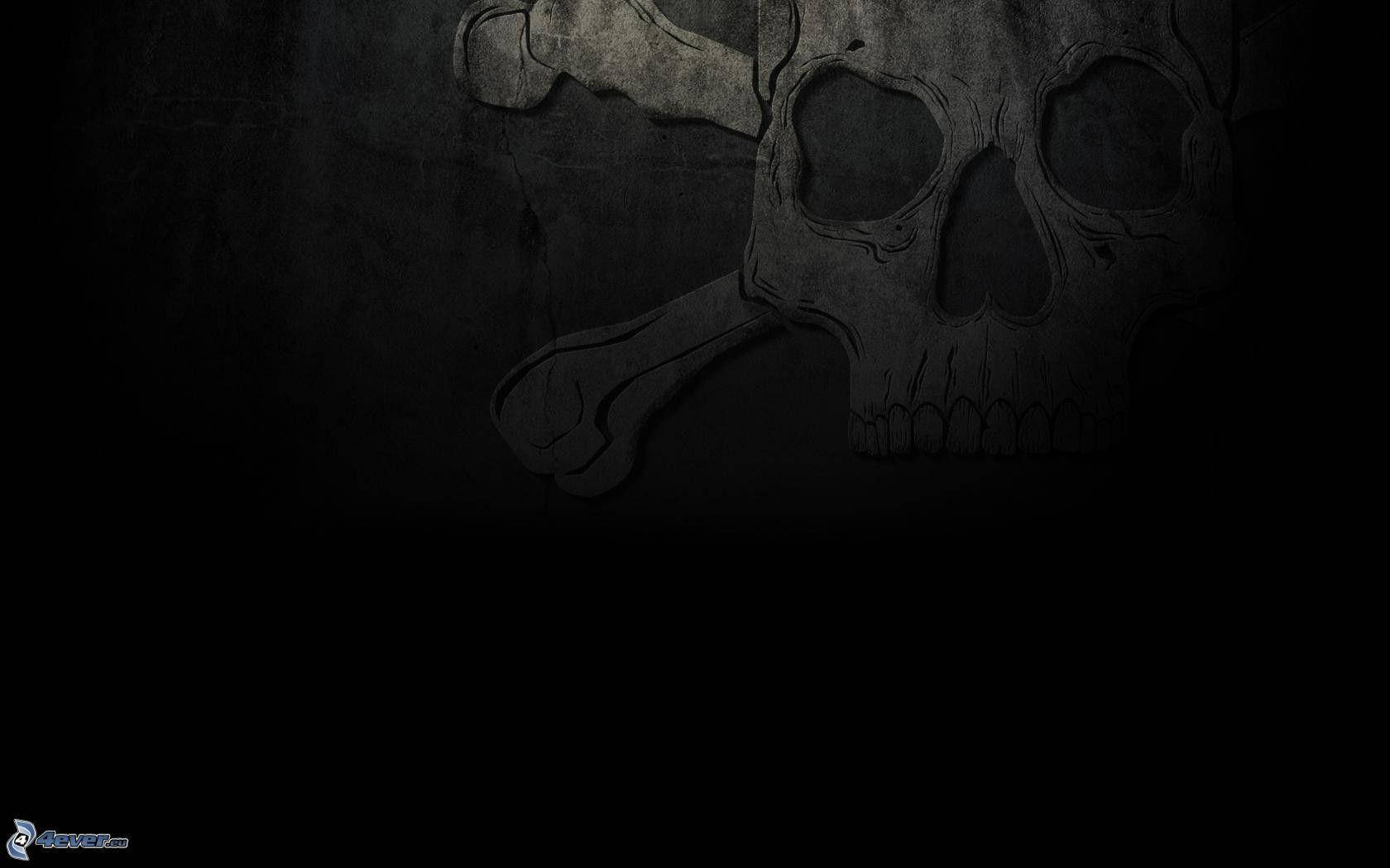 Black Skull, skull and crossbones, dark textured wall, HD Desktop Wallpaper
