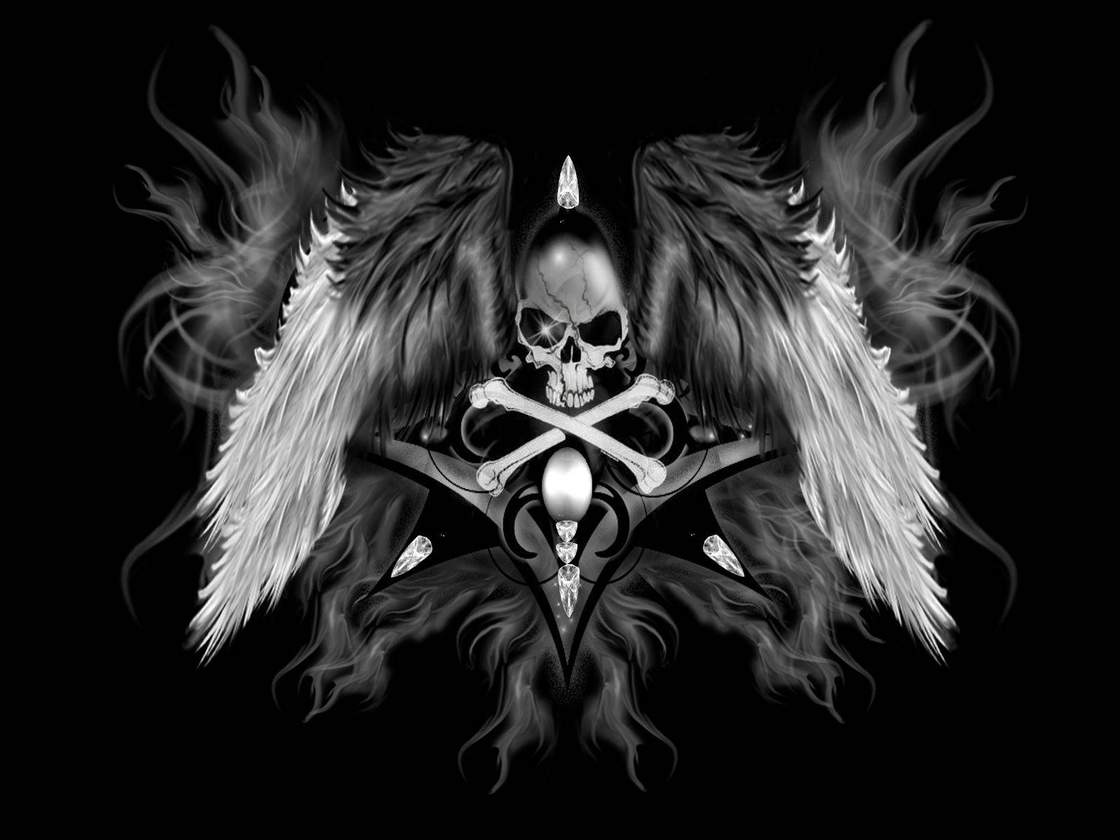 Black Skull, skull with wings, crossed bones, HD Desktop Wallpaper